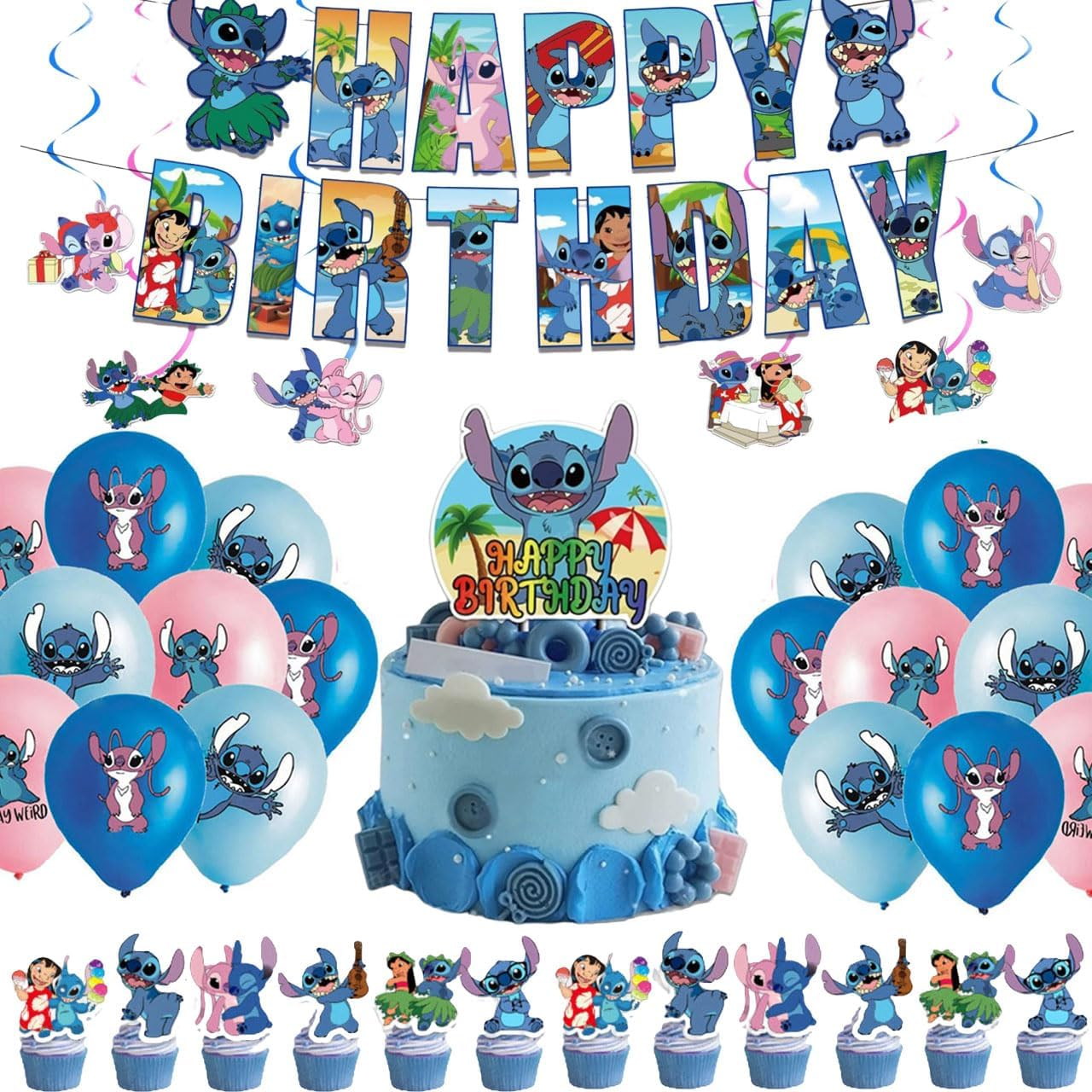 39 Pcs Cute Birthday Party Decorations, Party Supplies Include Happy Birthday Banner, Balloons, Cake Toppers, Hanging Swirls, Cartoon Party Celebrate Supplies