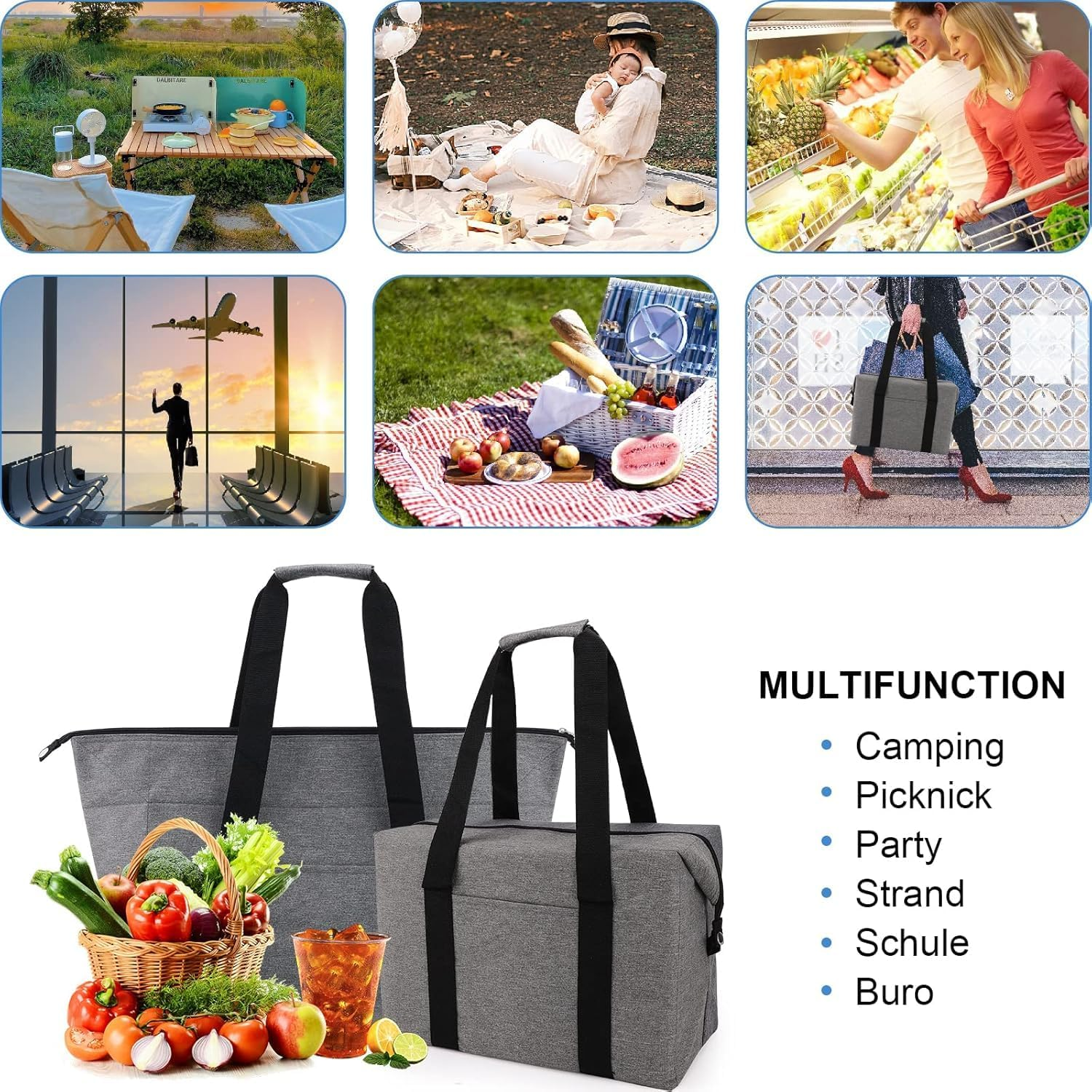 Large Cool Bag 20 L,Foldable Shopping Bag with 2 Cool Box,Grey Picnic Bag with Insulation for Camping,Shopping,Food Transport, Thermal Bag, Insulated Bag for BBQ Fishing Family Outdoor Activities image number 3