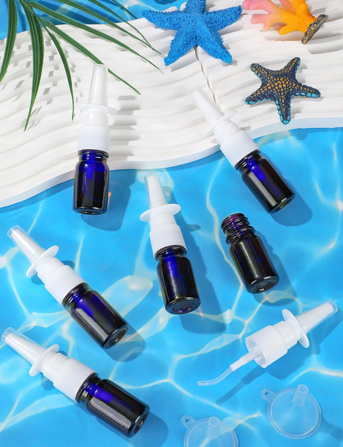 ZHWKMYP 10 Pcs Nasal Spray Bottle, 5ML/0.17OZ 6 Pcs Blue Fine Mist Glass Empty Refillable Nasal Spray Bottle with 2 Pcs Funnels and 2 Pcs Labels
