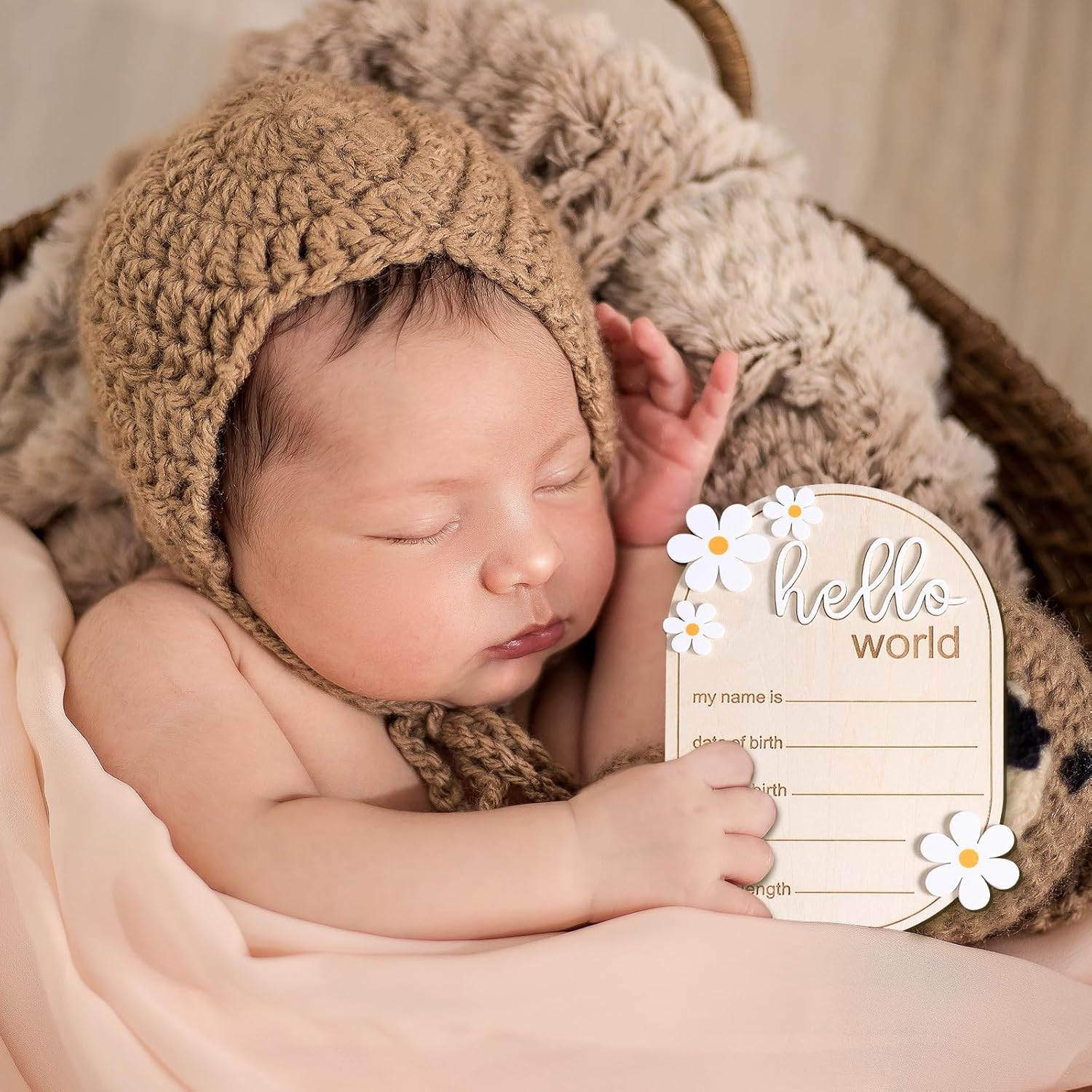 Baby Announcement Sign, 5.91X4.13 Inch Wooden Newborn Announcement Sign Hello World Newborn Sign Baby Name Sign Birth Announcement Sign for Hospital Nursery image number 2