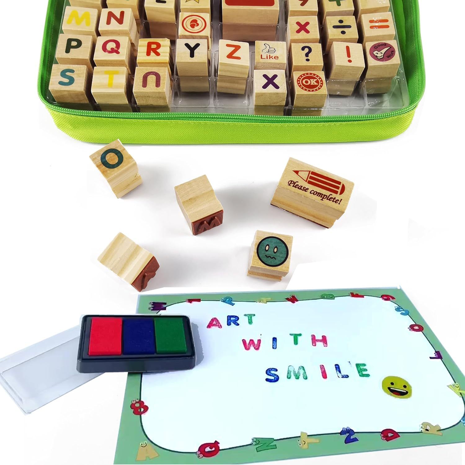 Large Wooden Stamp Premium Set for Kids. 72 Pcs Alphabet Stamps. Letters, Numbers, Emojis, 3-Color Washable Ink Pad, 3 Refill Bottles, Activity Book. Ideal Creativity Kit for Back to School image number 4