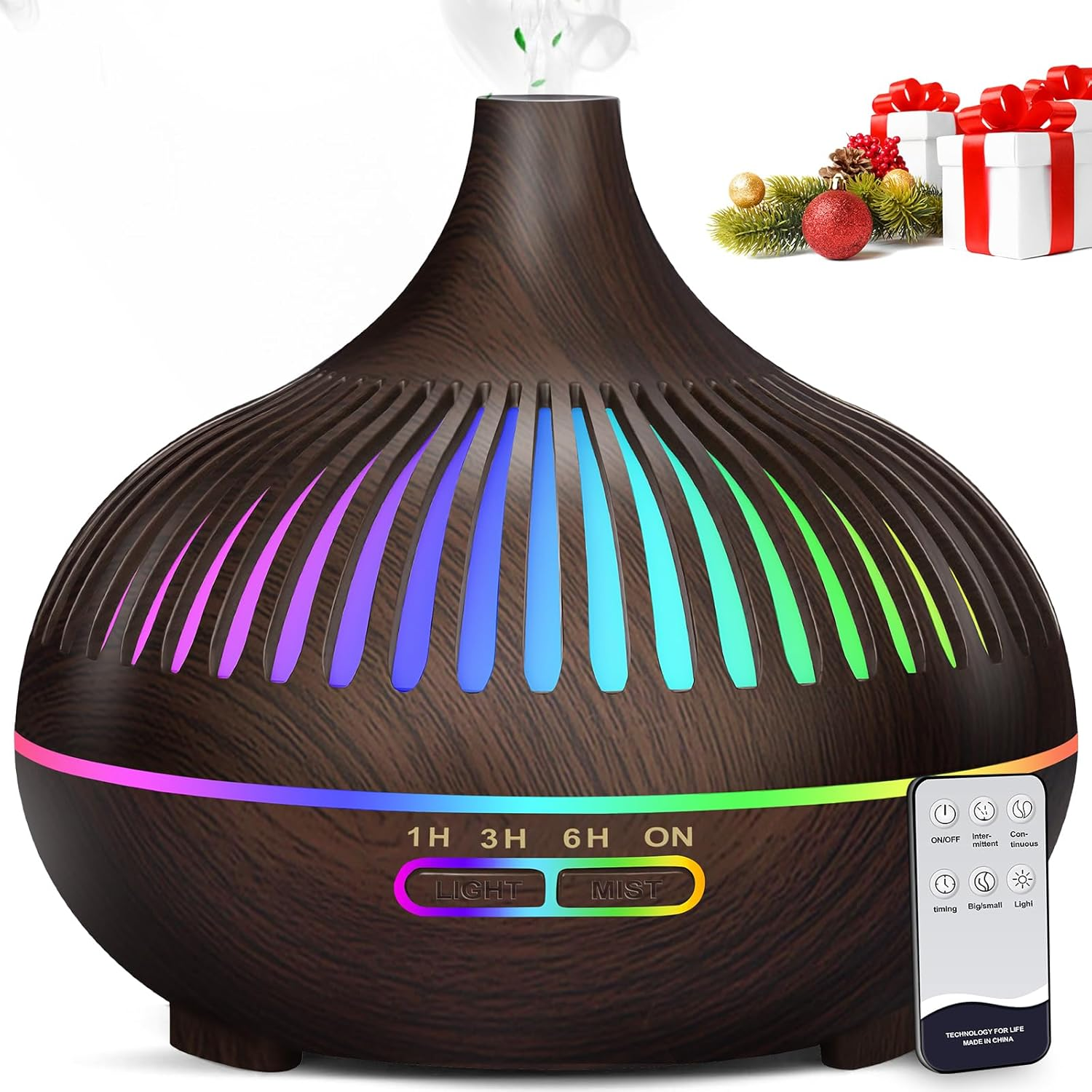 Essential Oil Diffuser, Sunfuny 550Ml Aromatherapy Diffuser Air Humidifier with Remote Control, Aroma Oil Vaporiser, Ultrasonic Fragrance Defuser with RGB LED Light, Xmas Gift (Hollow Dark Wood Grain)