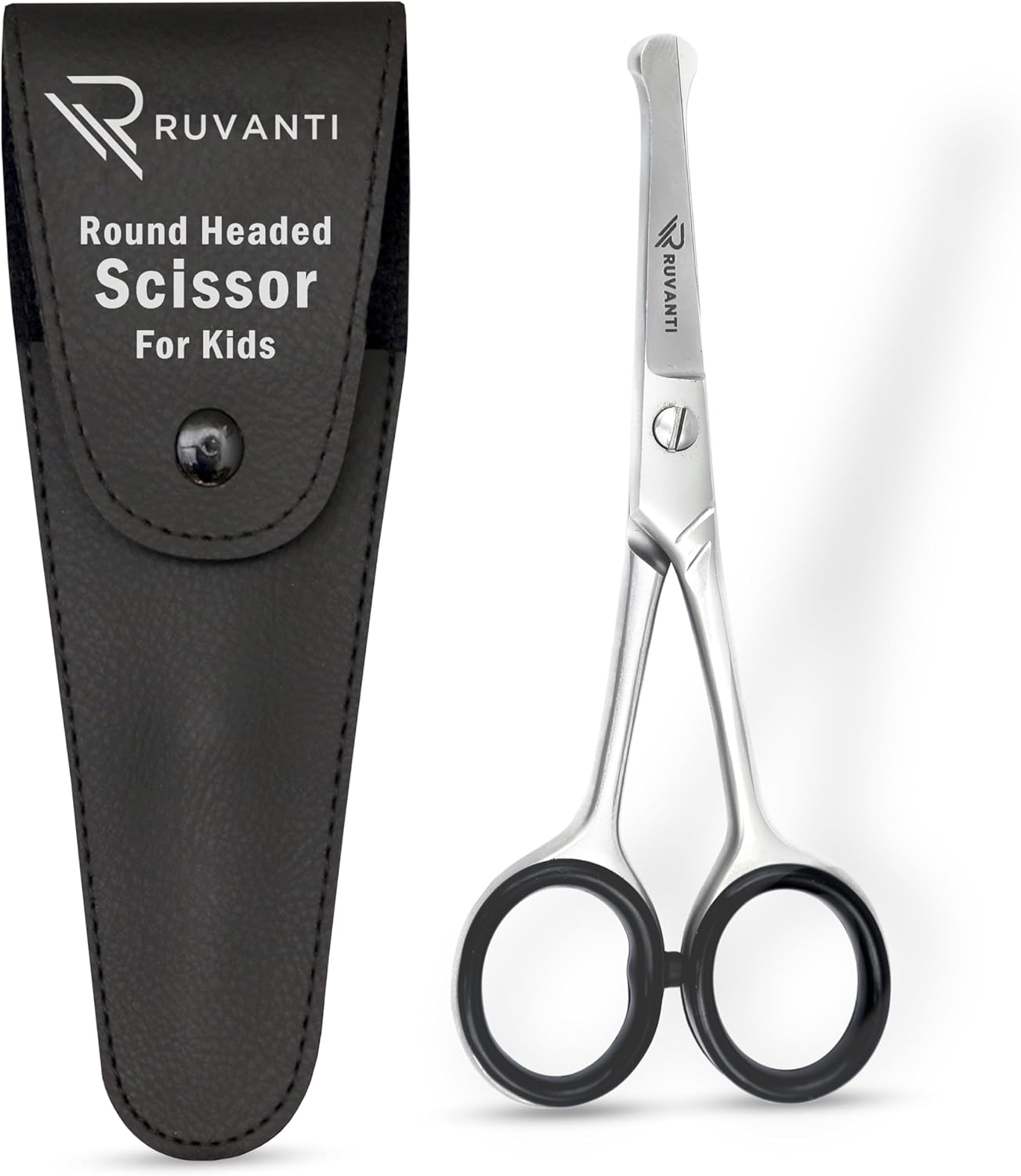 Ruvanti 5.2" Kids Hair Cutting Scissors - Safety Rounded Tip Barber Shears for Children, Infants & Facial Hair Trimming - Sharp Stainless Steel Blades, Ergonomic Grip - Ideal for Home & Salon Use