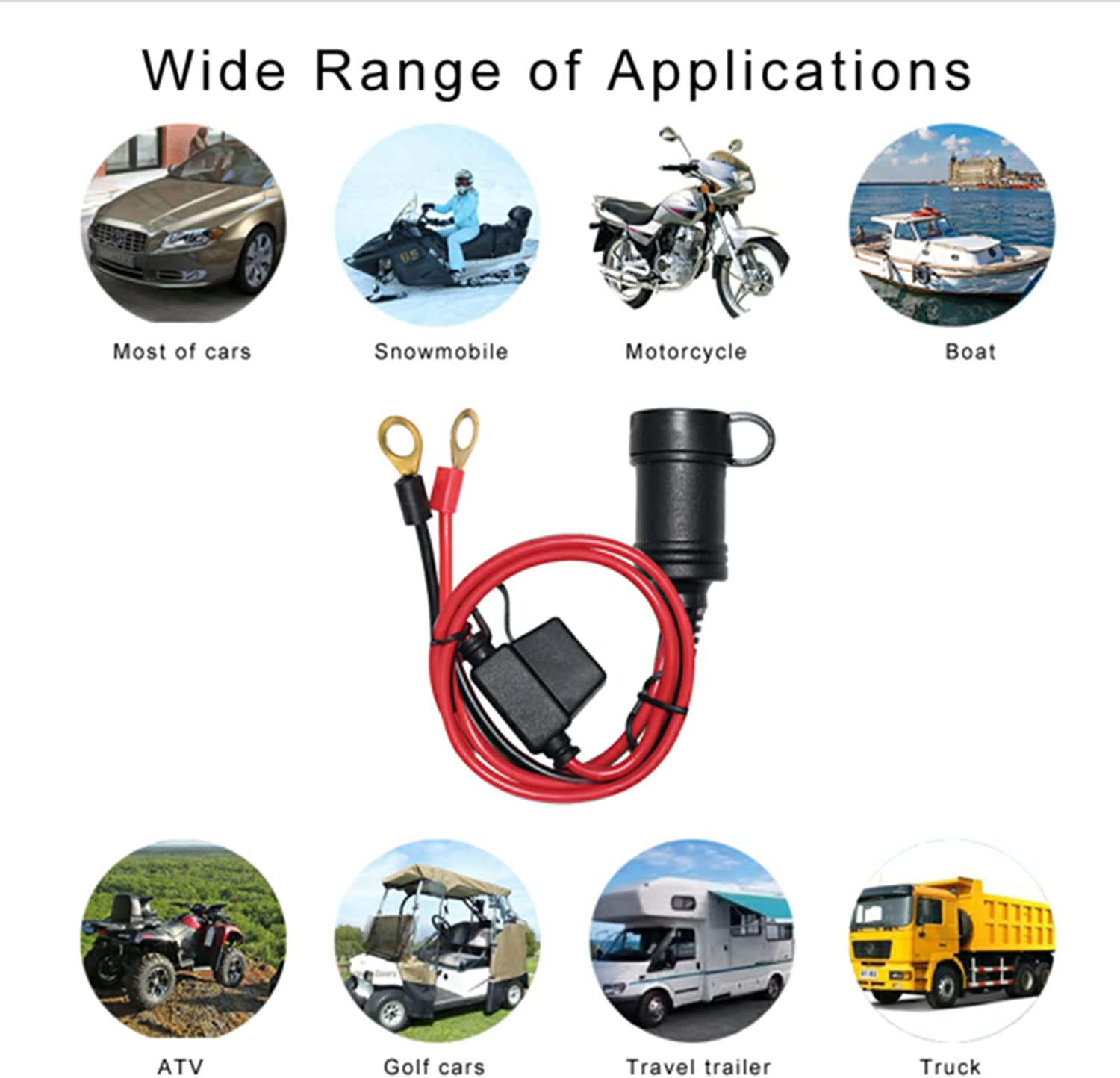 12V Adapter Plug Socket Auto Cigarette Lighter with Cap to Eyelet O Terminal 3Ft (1Pack) Charging Cable 10A Car Fuse 24Volt Ringterminals 16AWG Heavy Duty Cord image number 1