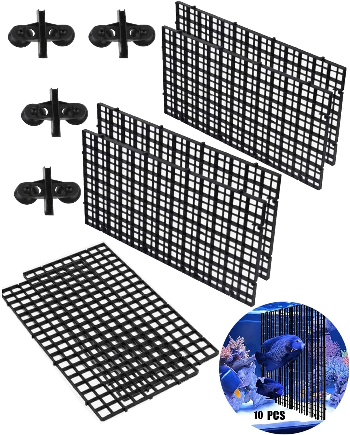 YELINTIAN Fish Tank Bottom Isolations Set, Fish Tank Divider Spliceable, 6 Pcs Aquarium Divider Trays with 4Pcs Suckers for Aquarium Crate Mixed Breeding and Bottom Protection in Aquascaping (Black)