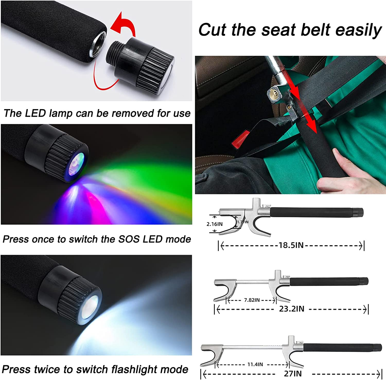 4-In-1 Steering Wheel Lock with Flashlight/Sos LED Ligth,Seat Belt Cutter,Escape Hammer,2 Keys Retractable Steering Lock,Vehicle Anti-Theft Lock，Universal for Auto/Truck/Suv/Van Black image number 3