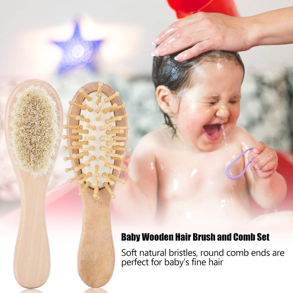 Baby Hair Brush Comb Set, Soft Natural Goat Hair Bristles Brush Wooden Head Massage Comb Bathing Tool Shower Registry Cradle Cap Infant Kids Newborn image number 1