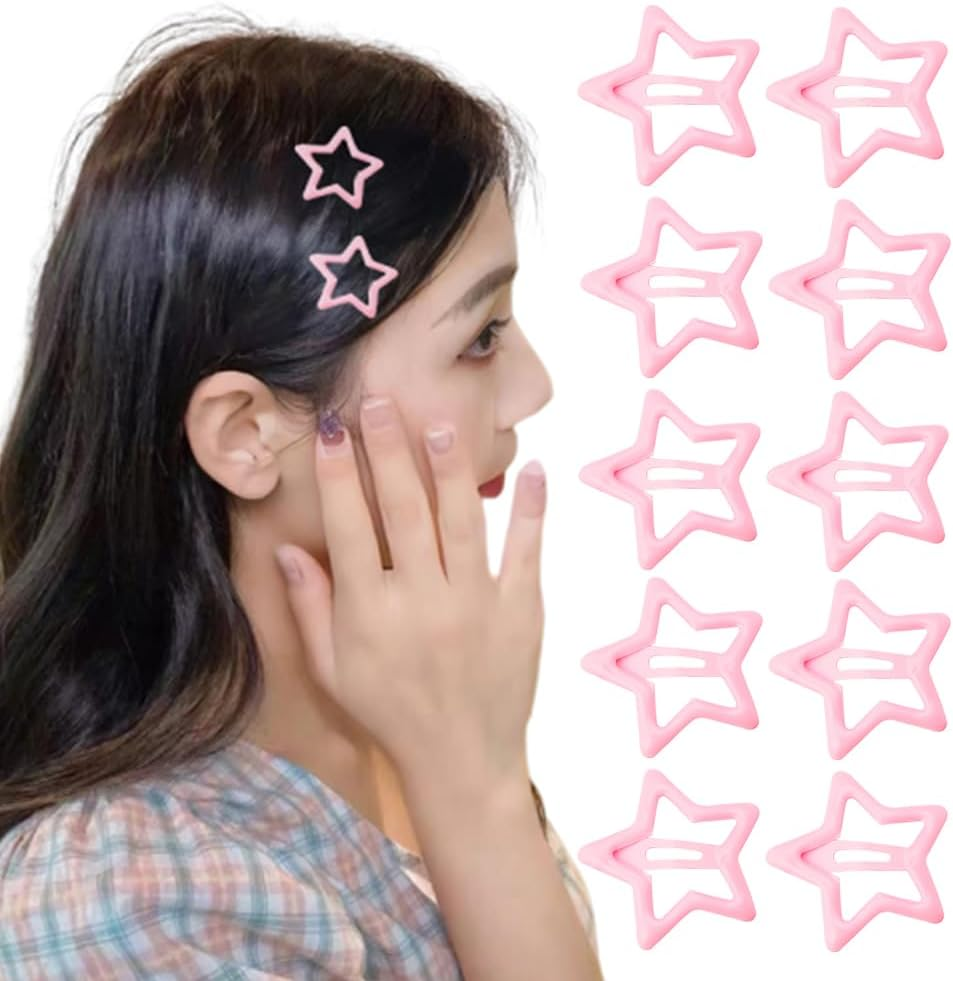 Pink Star Snap Hair Clips Y2K Non Slip Colored Metal Hair Clips Snap Hair Barrettes for Thick Thin Hair 10 PC 1.22 in Star Hairpin Headdress Headpiece Cute Hair Accessories for Women Teen Girls image number 1