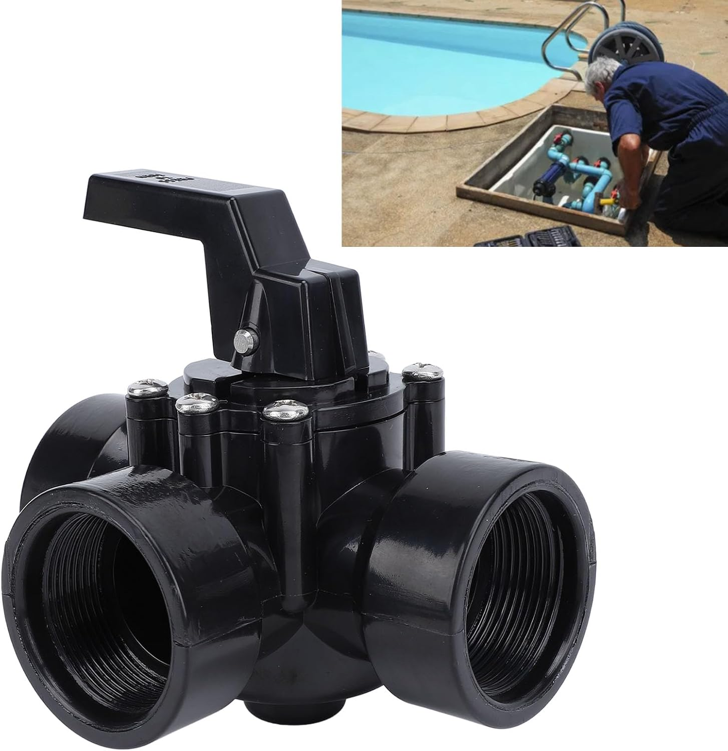 Generic 3 Way Diverter Water Valve, Swimming Pool Seal Water Diverter Valve, 3 Way G1‑1/2In Female Thread Plastic Replacement Part for 4517 Pool Spas image number 6