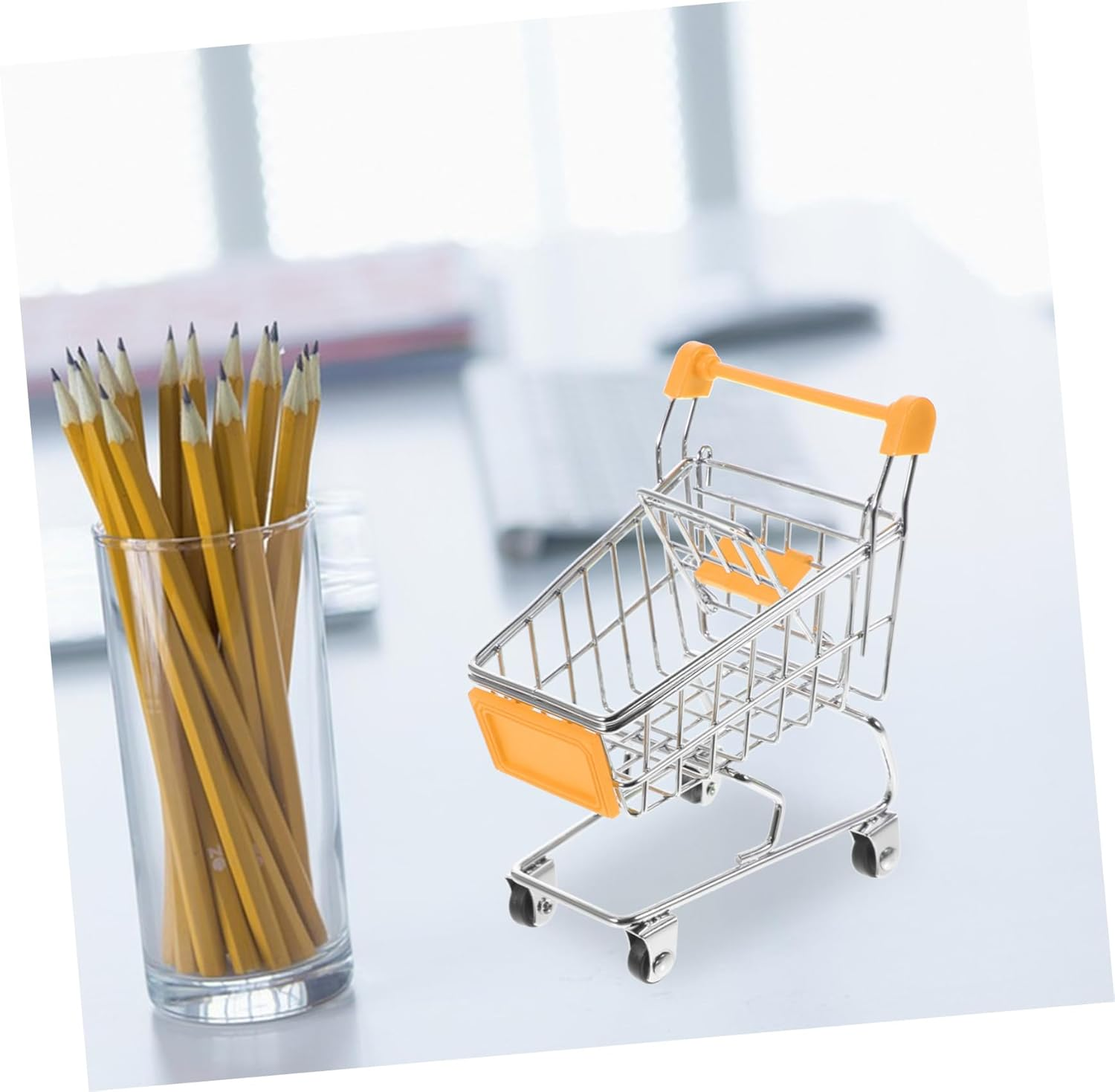 BESPORTBLE Mini Shopping Cart Storage Basket with Wheels Metal Plastic Desktop Organizer for Pens Cosmetics Gadgets Random Color Mini Cart Trolley for Office and Home Use Compact Random Color image number 4