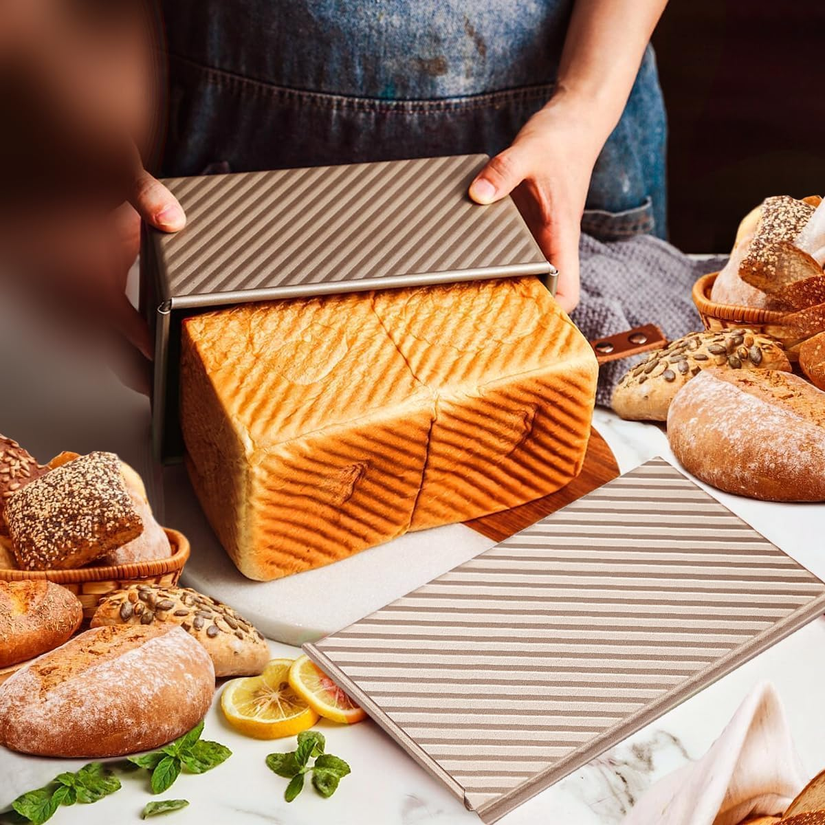 PENGQIMM Large Pullmanloaf Tin with Lid,Bread Toast Mold with Cover Non-Stick Pullman Loaf Tin 1000G / 2.2Lb Dough Non Stick Loaf Tins for Baking,Aluminum Alloy Loaf Pan for Oven Baking