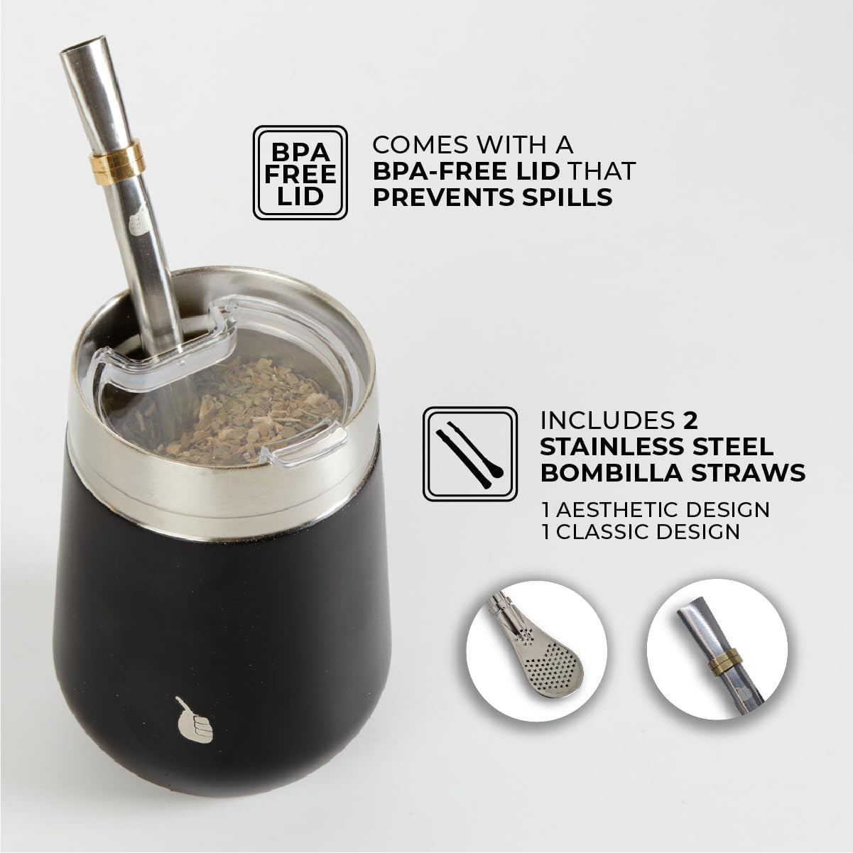 Gaucho-Market Yerba Mate Cup Gourd Double-Wall Insulated Vacuum Stainless Steel Mate Tea Cup Set with Lid, Includes Bombilla (Straw) and a Brush. (Revolution Black)&hellip; - Evolution White image number 2