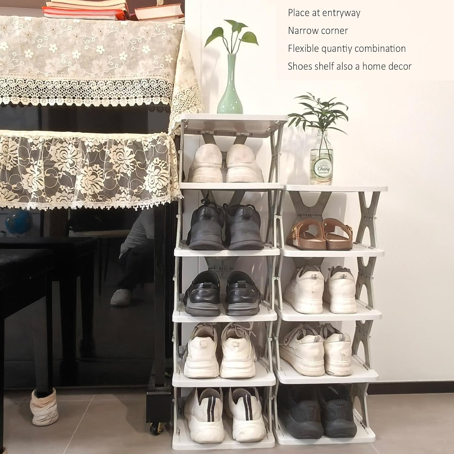 Foldable Vertical Shoe Rack, X-Design Tall Shoes Organiser for Narrow Space, Corner Shelf for Single Dormitory or Small Room (Gray, 5 Tier) image number 6