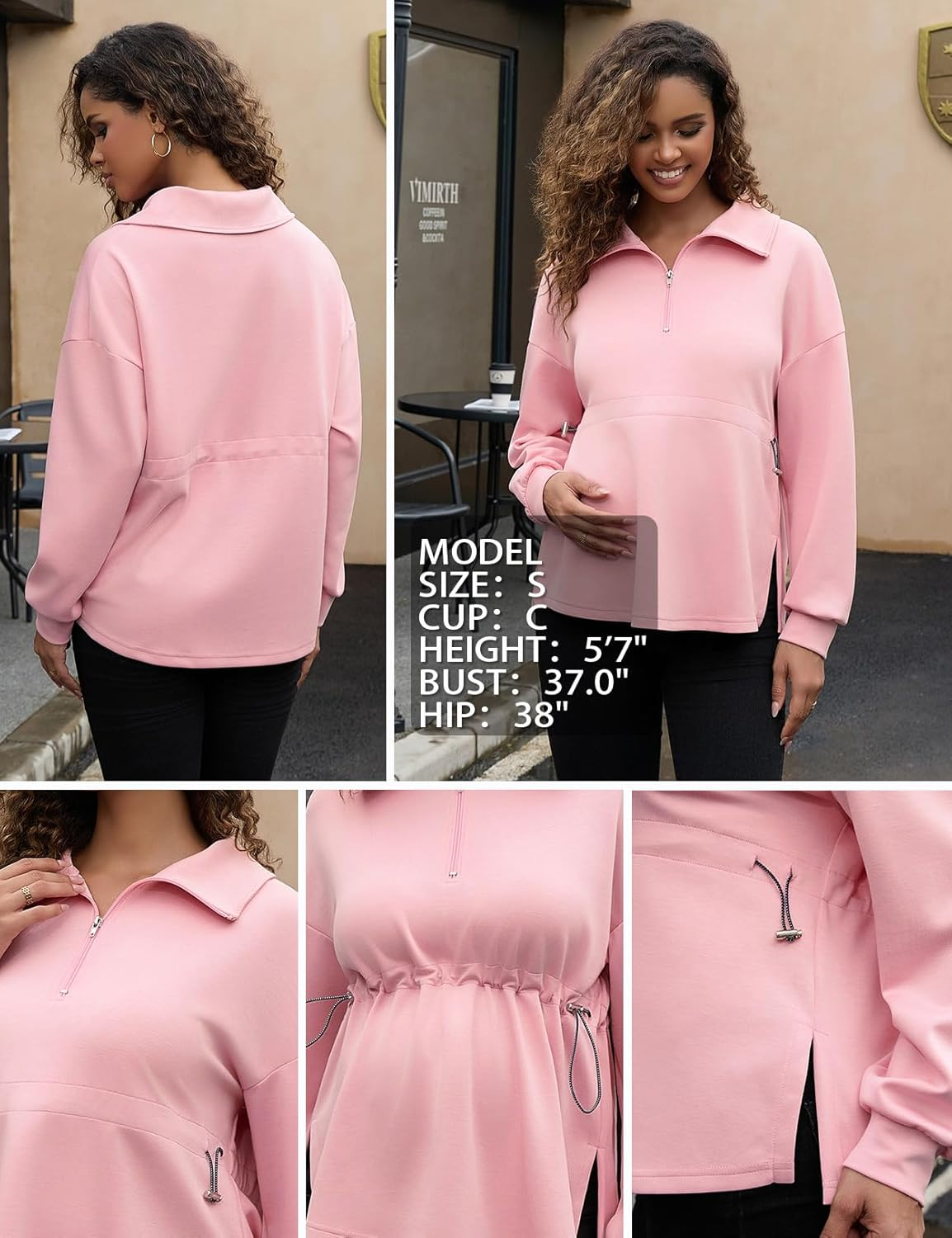 Bhome Women'S Maternity Sweatshirts Half Zip Drawstring Waist Long Sleeve Side Slits Loose Fit Pullover Tops image number 3
