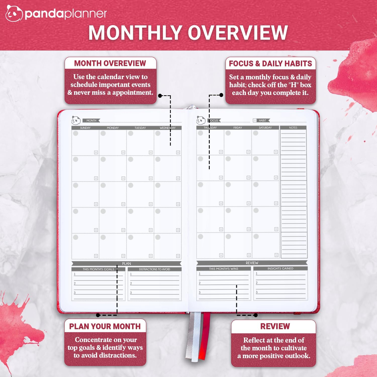 Panda Planner Raspberry Sorbet Daily Planner 2023 by - Organizer Planner for Goals, Gratitude & Focus - Weekly & Monthly Agenda Sections - Undated 90 Day Planner - Raspberry image number 4