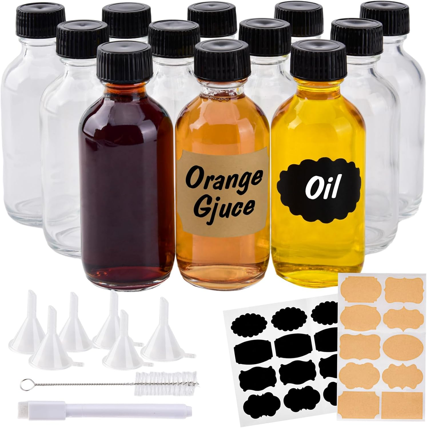 12 Pack 2Oz Small Clear Glass Bottles with Caps, 60Ml Glass Juice Bottles, Wellness Shot Bottles with Funnels, Stickers and Brush, Mini Liquor Bottles for Juice, Water, Ginger, Whiskey, Potion, Sample image number 5