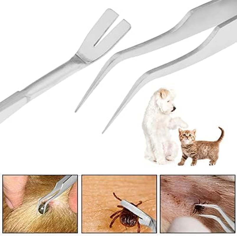 2 Pcs Stainless Steel Tick Tweezers,Tick Removal Tool Set for Pet Skin Protection, Silver image number 2