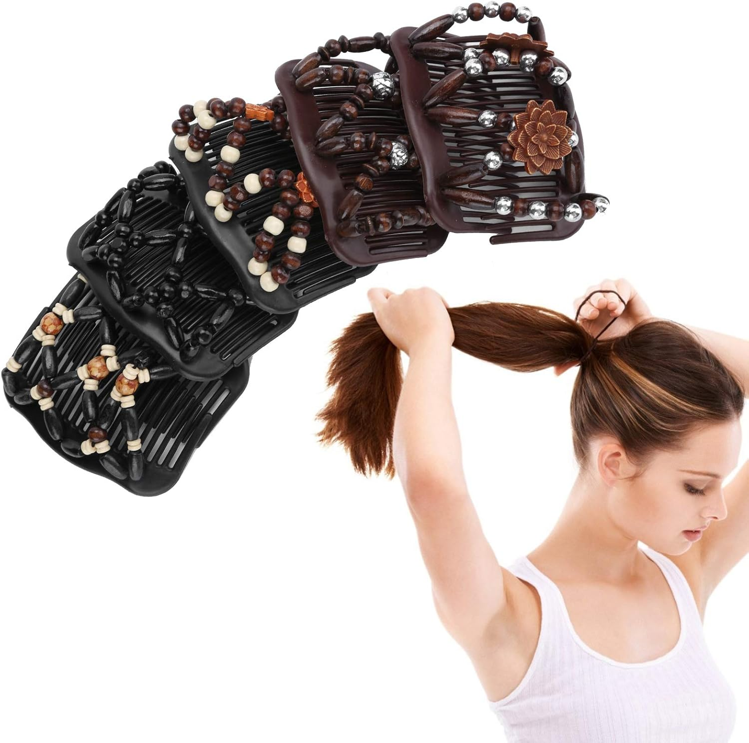 5Pcs Hair Combs Vintage Beads Stretchy Magic Clips Wooden Beads Double Hair Comb Clip Stretchy Women Hair Accessories Hair Styling Tool Double Comb Hair Clips Magic Hair Comb image number 1