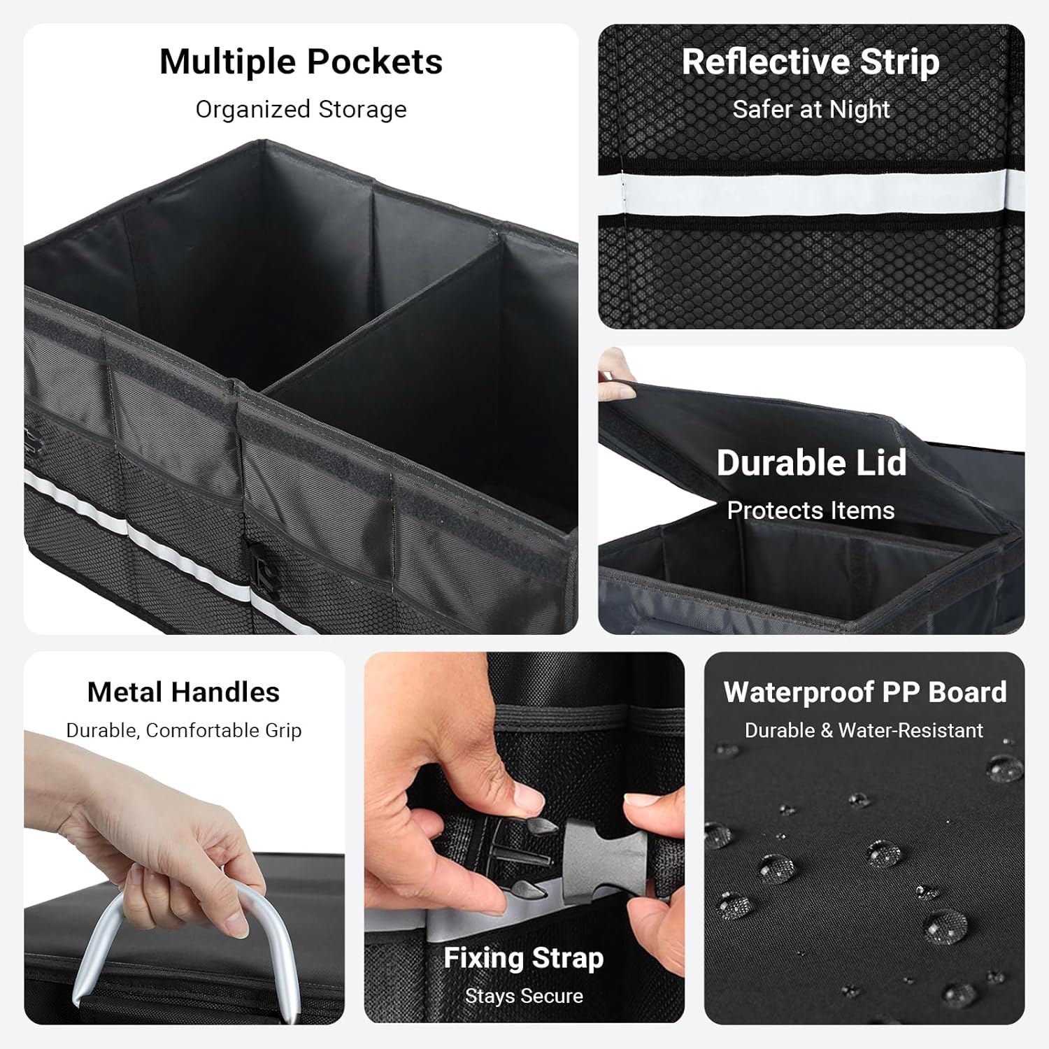 IXTRA Car Trunk Organizer - 55L Collapsible Trunk Storage Box, Waterproof 1860D Oxford with Hard Cover & Securing Straps Boot Organizer, Car Accessories Universal for SUV Sedan Truck (Black) - Black image number 4