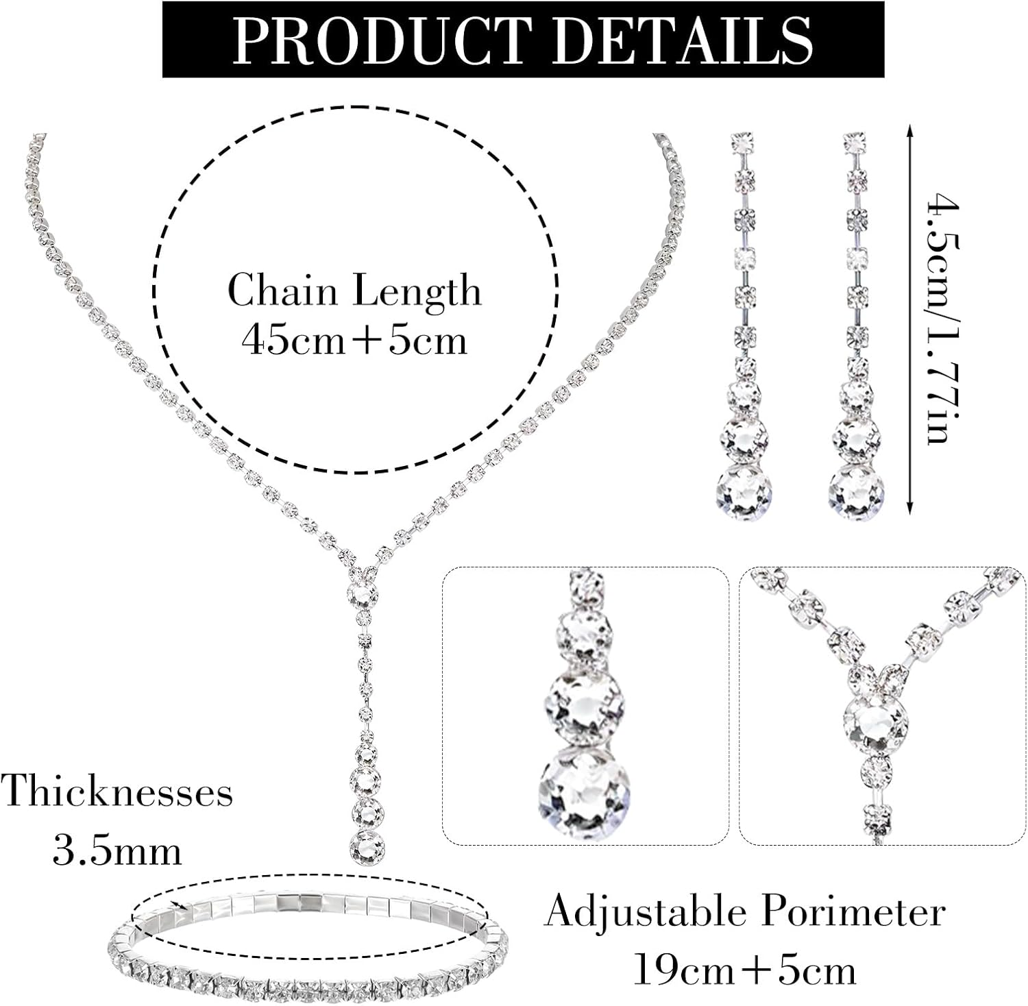 Crystal Jewelry Set for Women, Silver Bridal Jewelry Set Rhinestone Necklace, Bracelet and Earrings, Bridal Wedding Party Accessories image number 3