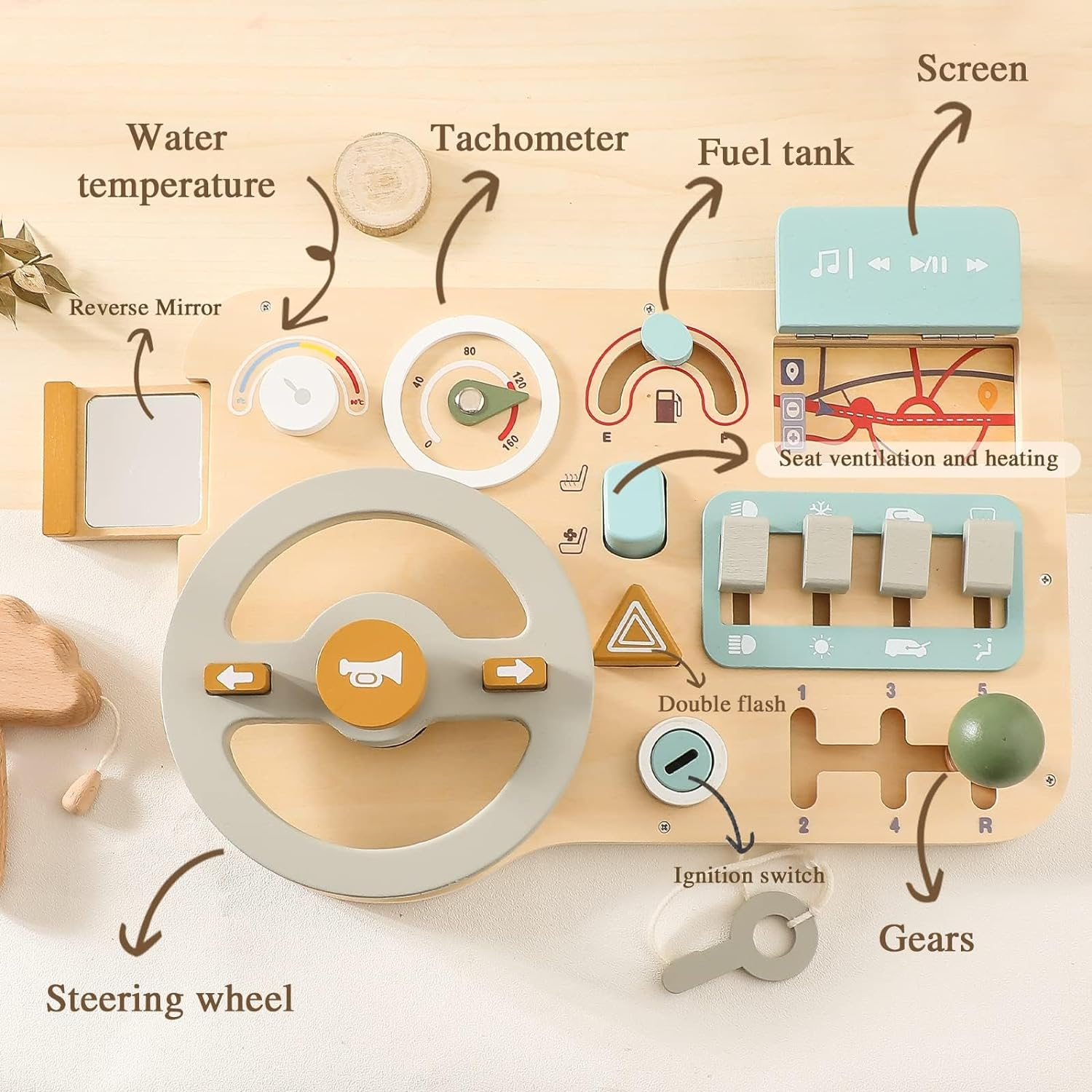 IEATFO Montessori Busy Board Wooden Sensory Toys Steering Wheel for Toddlers, Car Driving Toddler Busy Board Wooden Sensory Toys for Kids 3+ Years Old Preschool Learning Toy with Fine Motor Skills image number 1