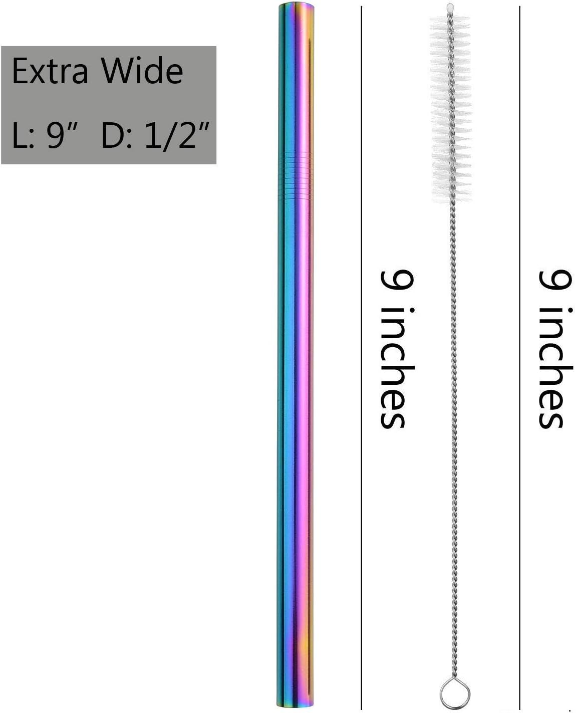 ALINK Stainless Steel Drinking Straws, Extra Wide Long Reusable Fat Boba Metal Smoothie Straws Jumbo, 12 Mm X 9 in Set of 4 with Cleaning Brush & Straw Carrying Case（Rainbow Color）