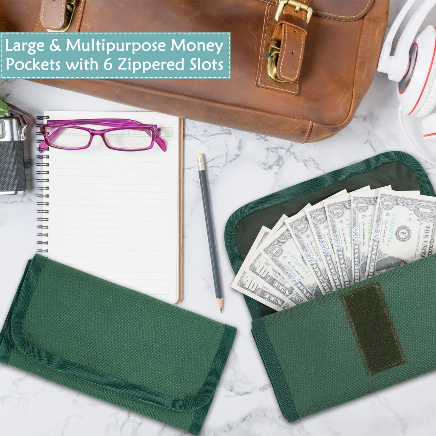 Money Wallet, Money Organizer for Cash with 6 Zippered Pocket Multipack Money Pouch, Cash Bill Organizer, Envelope Wallet Money Bag Small Travel Money Holder for Budgeting, Receipt and Tips (Green) image number 5