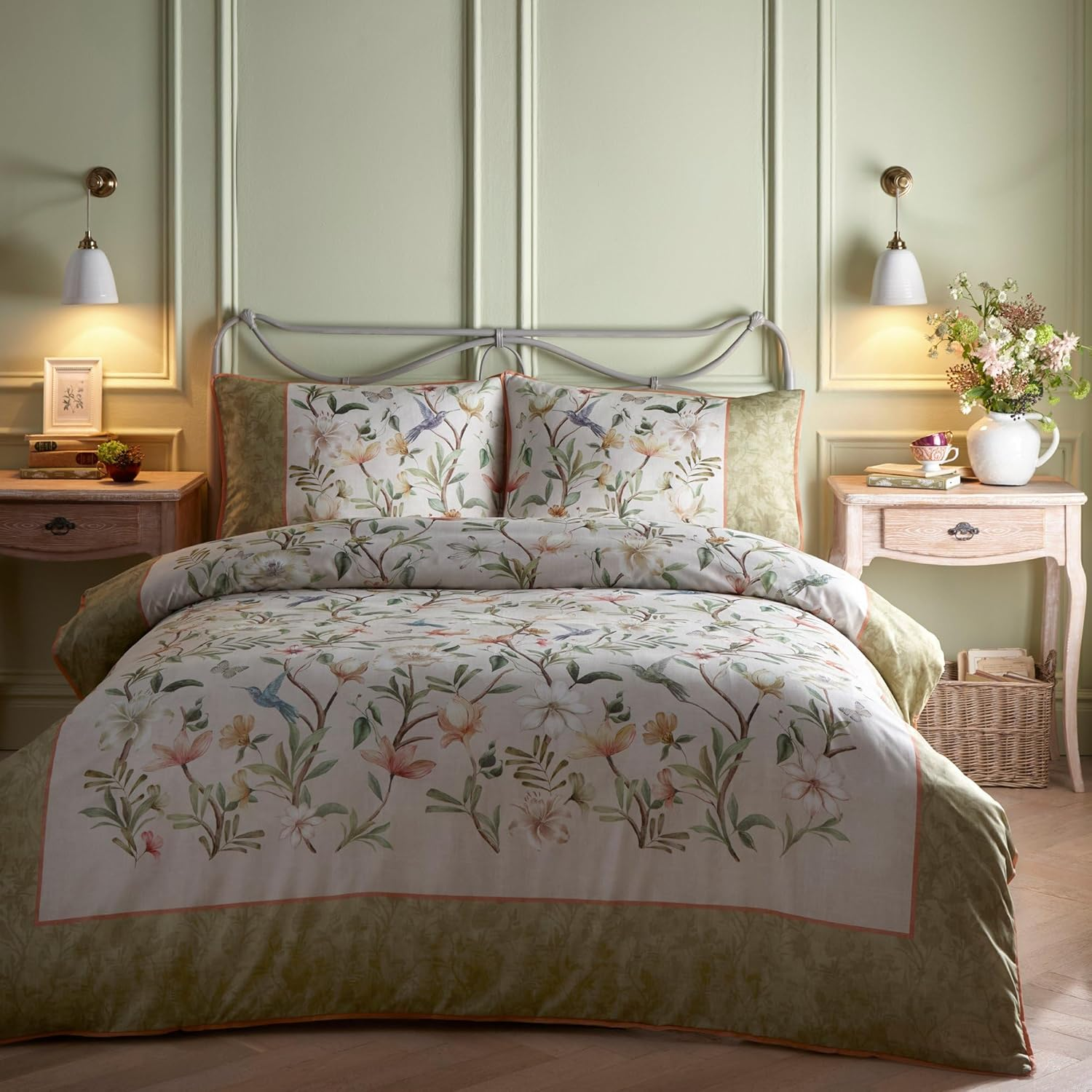 Appletree - Sage Green Floral & Humming Birds Duvet Cover - King Bedding Size (230 X 220Cm) - White Bedding with Birds & Flowers Print - 100% Cotton Sateen - Piped Edge Bed - Evelina Collection image number 1