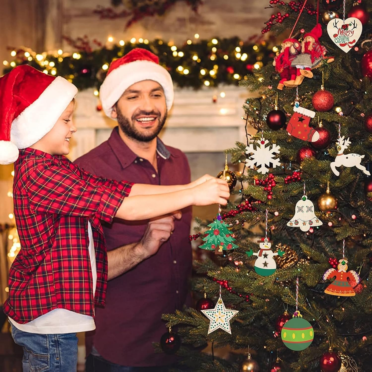 50PCS DIY Wooden Christmas Tree Ornaments Decorations, Christmas Unfinished Wooden Ornaments with Ropes for DIY Craft Making, Christmas Tree Decorations, Holiday Decoration (10 Styles)