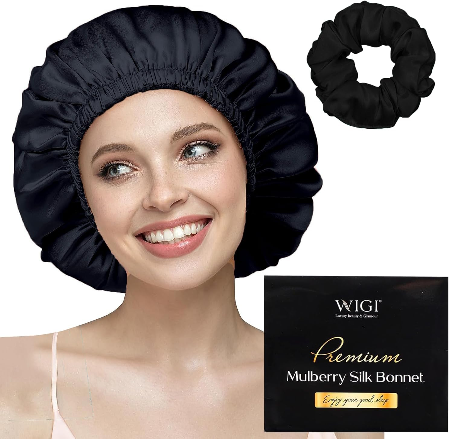 WIGI 100% Mulberry Silk Bonnet with Scrunchie Gift for Women, Silk Bonnet for Sleeping, Shower Cap Hair Bonnet, Silk Hair Wrap for Hair Care (100% Mulberry Silk (Round Design), Green)