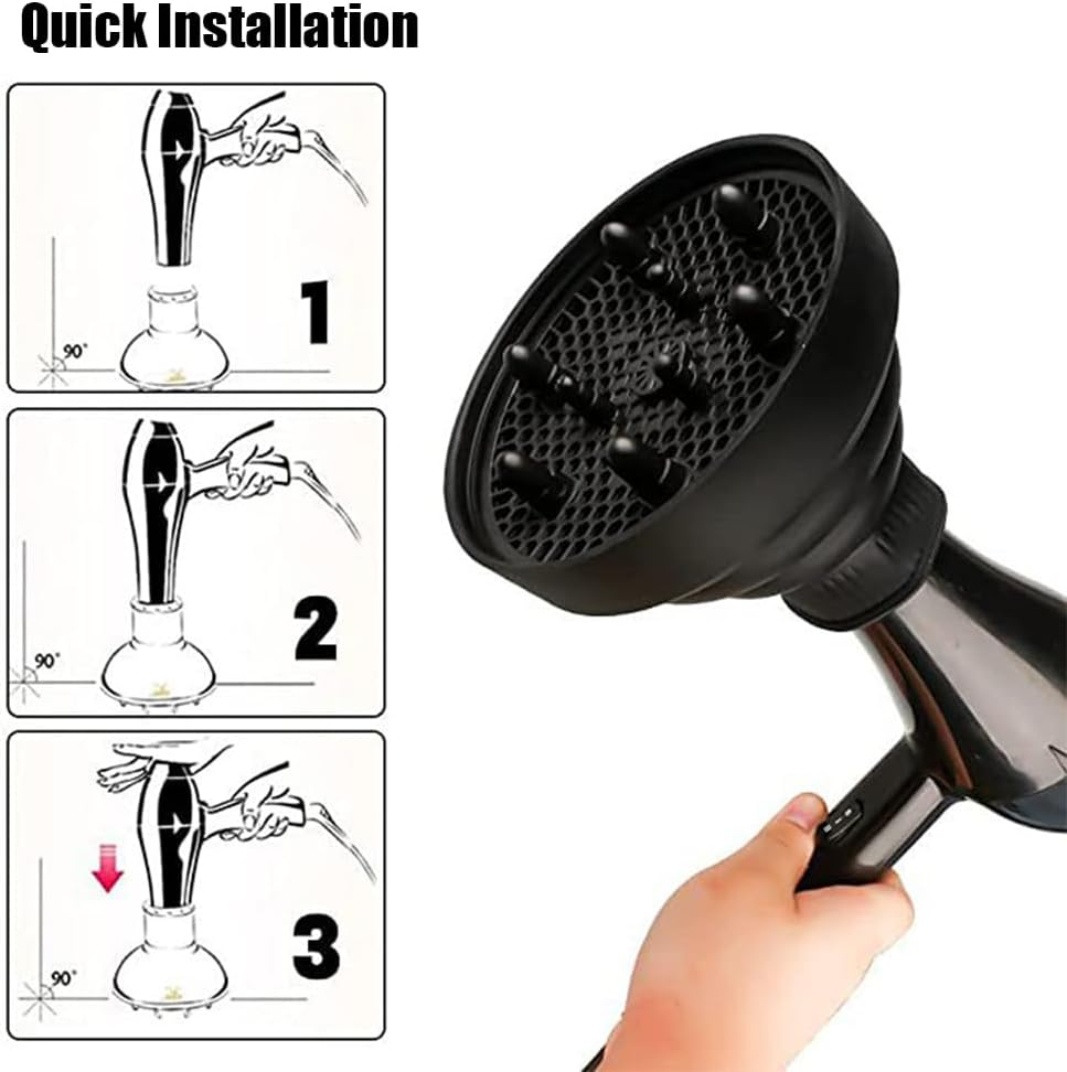 Collapsible Silicone Hair Dryer Diffuser,Portable Travel Diffuser Attachment for Natural & Thick Hair, Fits Nozzles 1.65" to 1.77", Professional Blow Dryer Accessory,Black - Green image number 4