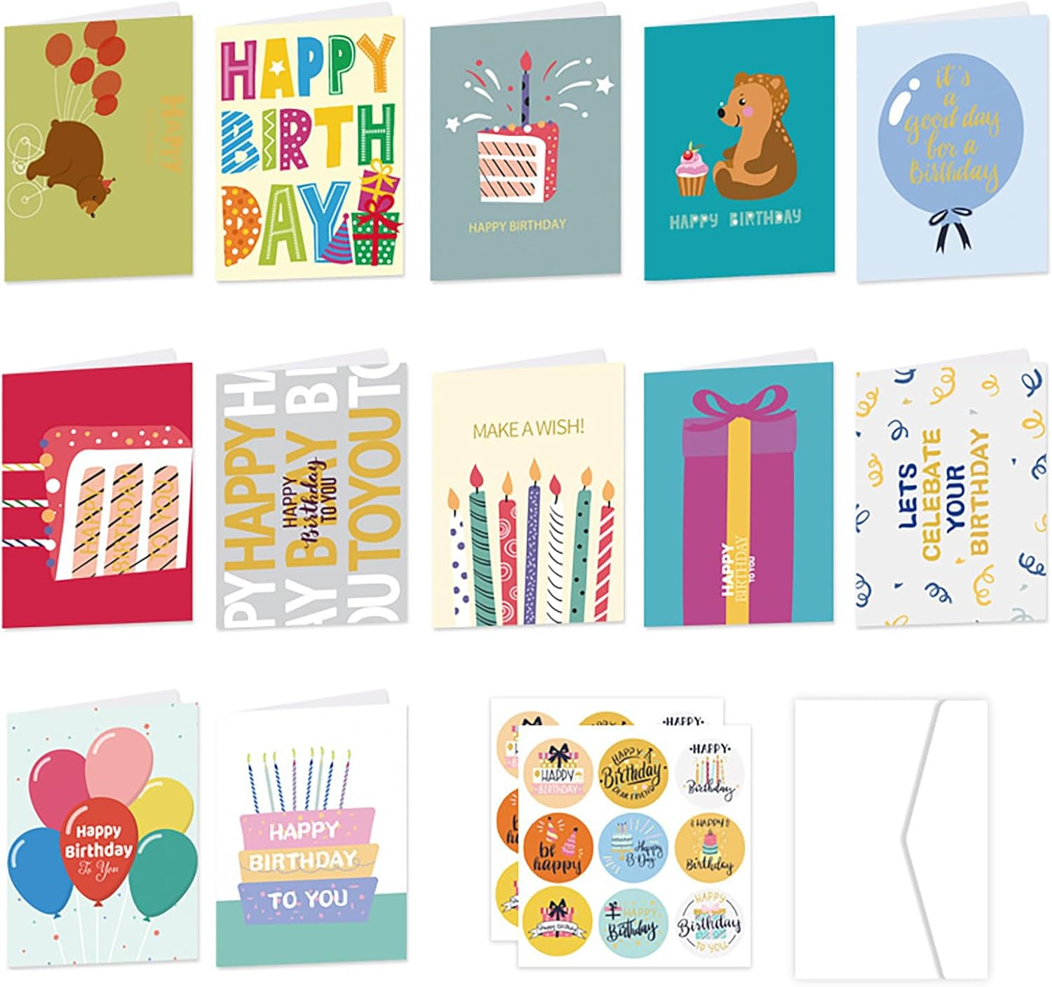 12PCS Birthday Cards Assortment, 4.13X 6.1 Inch 12 Cards with Envelopes and 18PCS Stickers,Congratulation Card Best Birthday for Husband Wife Mother Father Children Boys Girls image number 1