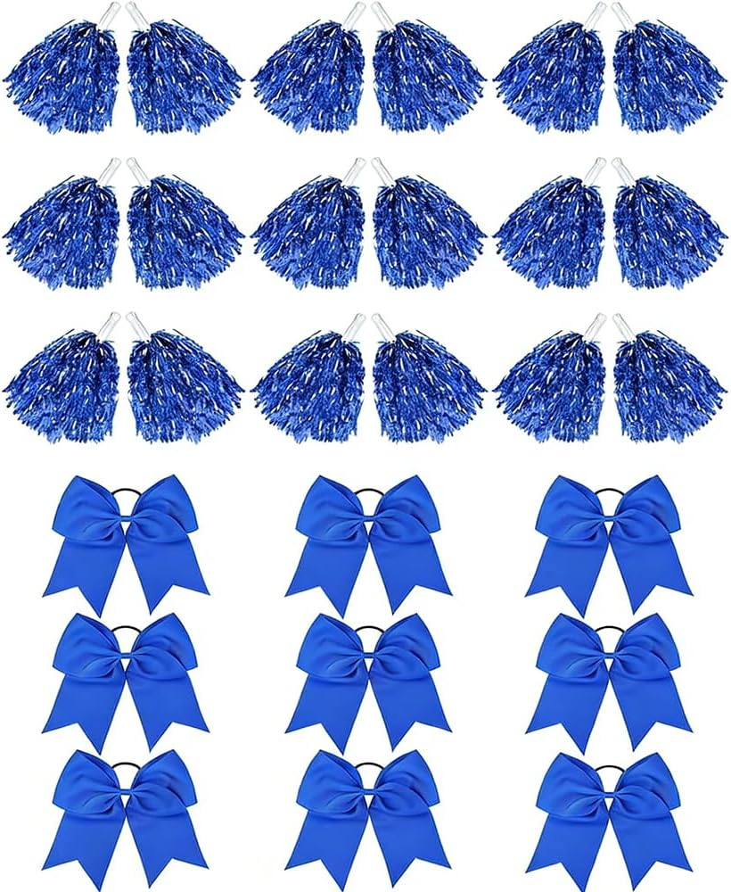 Cheerleader Pom Poms & Hair Accessories Set &mdash; 8-Inch Oversized Bow Hair Ties, DIY Handheld Flower Pom Poms, Cheer Bobbles & Hair Bows for Sports Teams, Dance Performances, Events （Red）