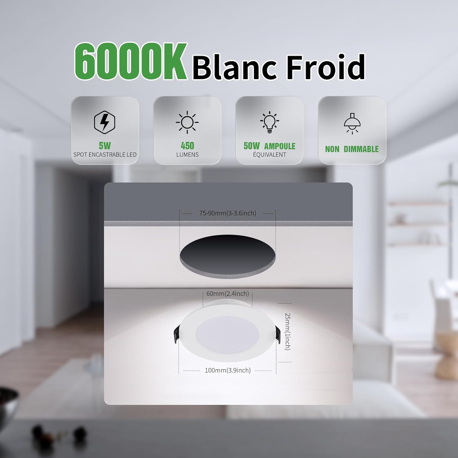 Grebeam Pack of 12 LED Recessed Spotlights, 5 W, Ultra-Thin 25 Mm, Cool White 6000 K, Holes &Oslash;75-90 Mm, round LED Outdoor Spotlight, 220V-240V, for Kitchen, Living Room, Bedroom image number 3