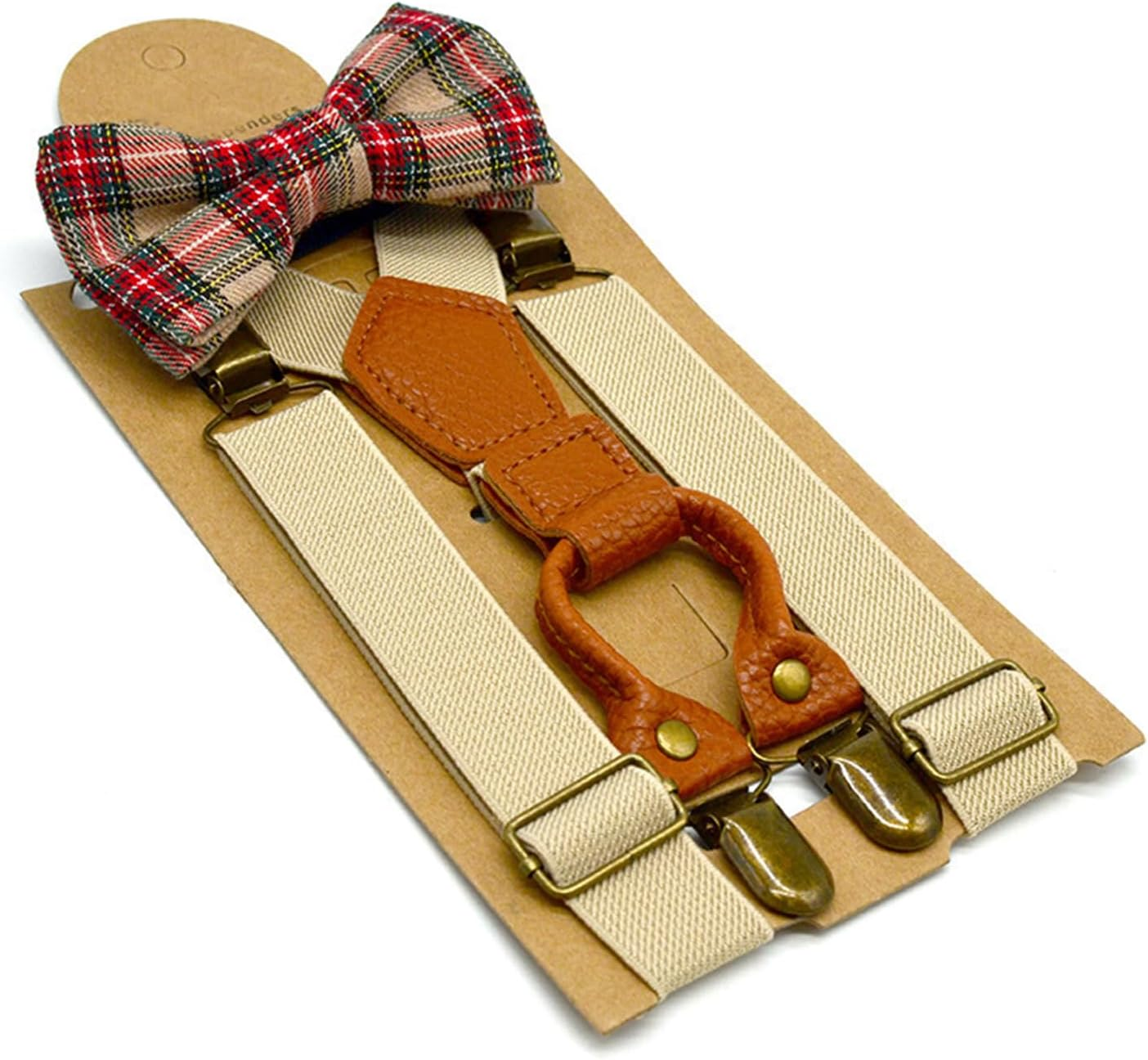 CENZICOM Boys Girls Kids Suspenders Bow Tie,4 Clips Adjustable Elastic with Strong Metal Clips - Beige image number 3