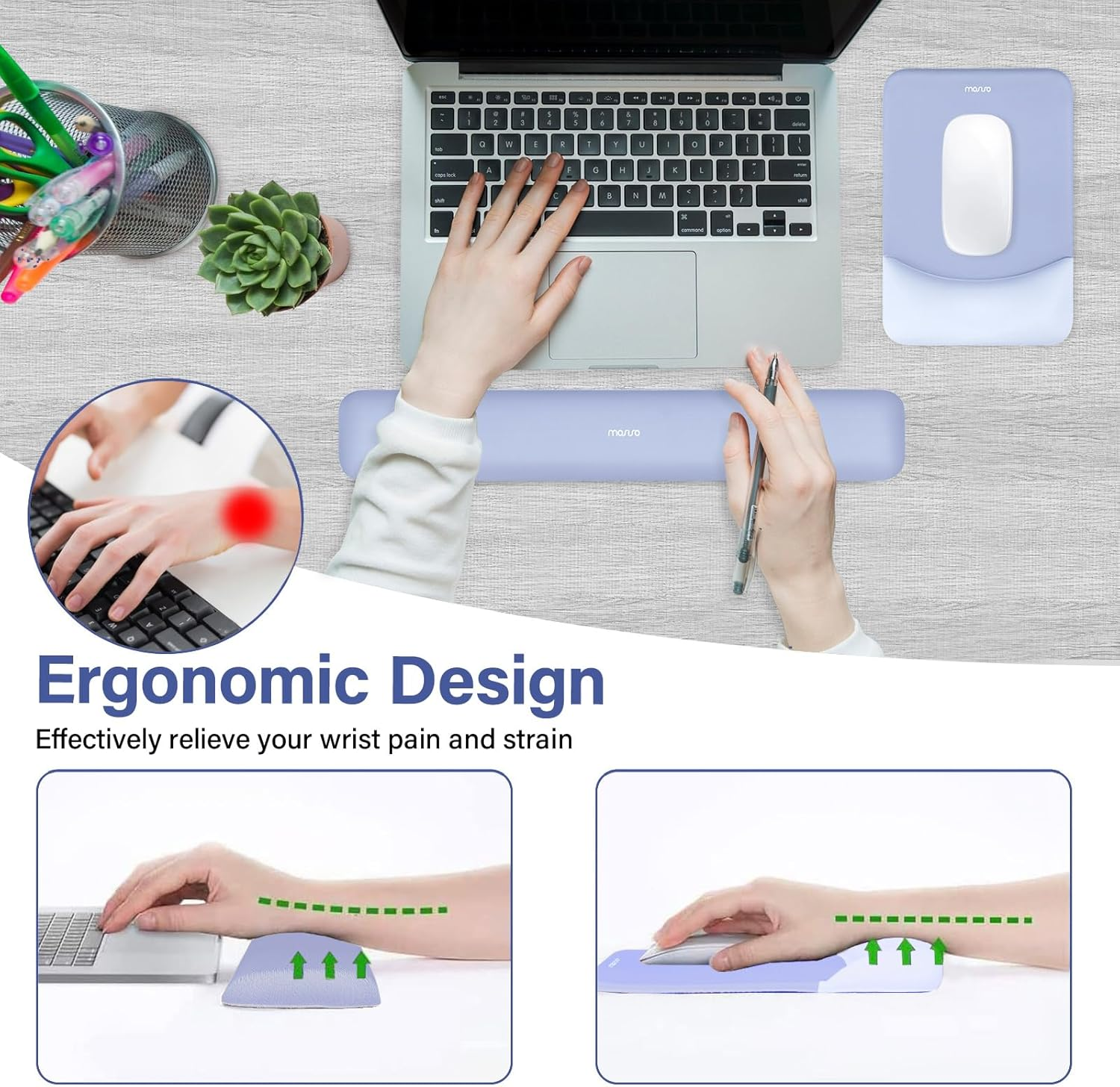 MOSISO Wrist Rest Support for Mouse Pad&Keyboard Set, Rectangular Ergonomic Mousepad Non-Slip Base Home/Office Pain Relief&Easy Typing Pad with Neoprene Cloth&Raised Curved Memory Foam, Slate Blue image number 4