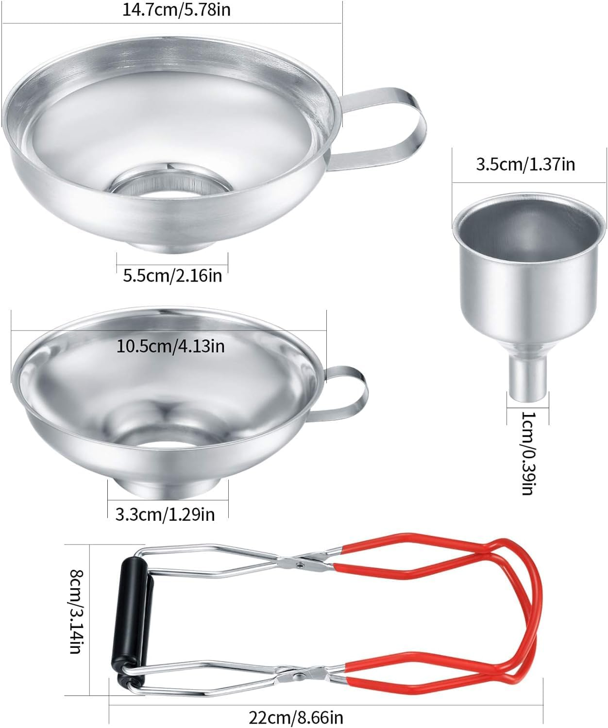 3 Pcs Canning Funnels for Wide and Regular Jars, Stainless Steel Wide Mouth Funnels, Metal Funnel Set for Kitchen Use, Transferring Liquid Power Mason Jam Grains, with Jar Tongs Lifter - Kit 1 image number 4
