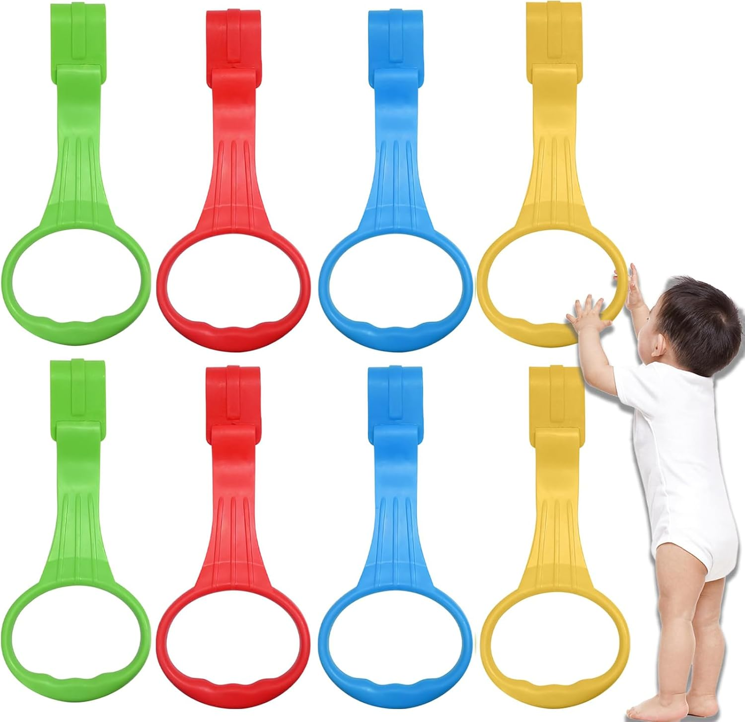 8 PCS Plastic Baby Crib Pull Rings - Kids Walking Exercises Assistant Stand up Rings for Infant Toddler Practice Tool - 4 Colors