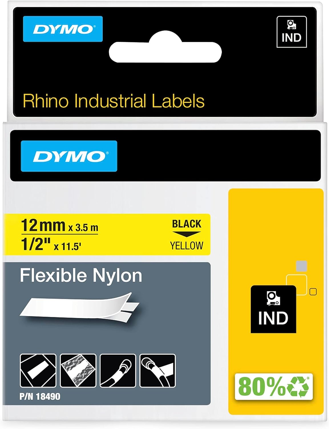 DYMO Rhino Industrial Nylon Labels, 19 Mm X 3.5 M, Black Print on Yellow, Self-Adhesive, 18491 image number 1