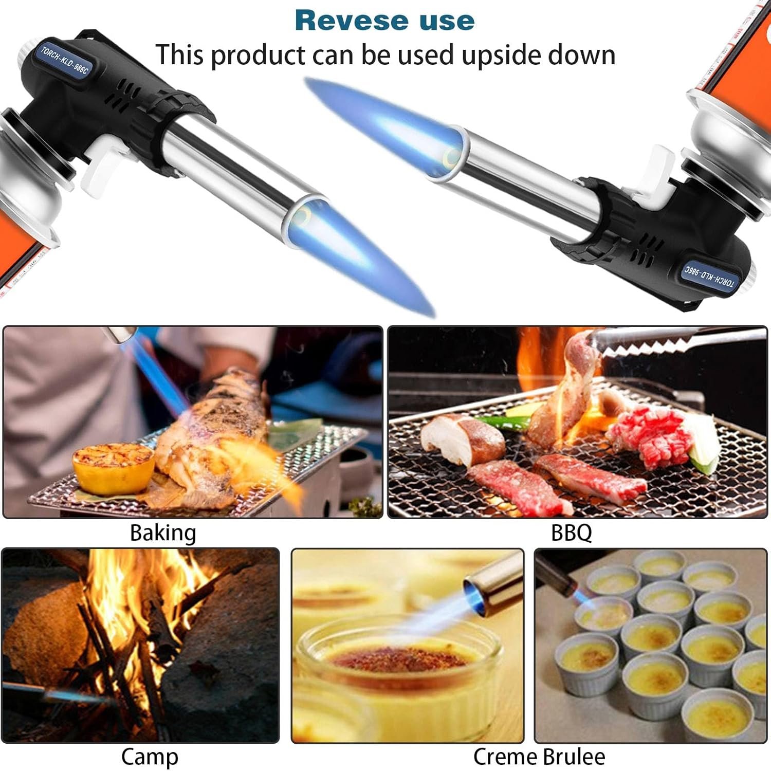 Butane Blow Torch, Kitchen Torch Burner, Adjustable Flame Professional Power Torch, Gas Burner, 360&deg; Reverse Use for Creme Baking Cooking BBQ Grilling Roasting, Welding, Etc. (Butane Gas Not Included) image number 6