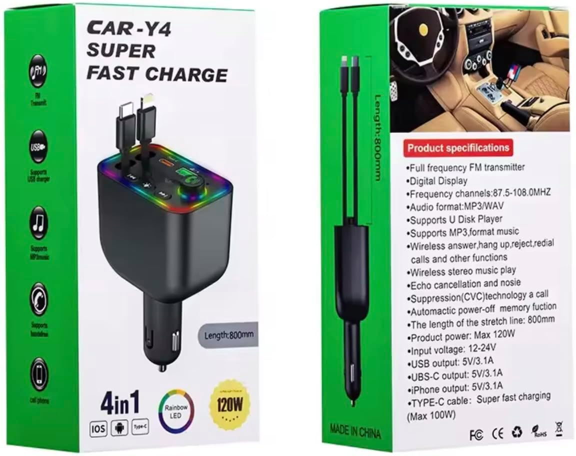 KK KENIK 4-In-1 Bluetooth FM Transmitter Retractable Car Charger, 120W Fast Charging, Usb/Type-C/Iphone, RGB LED Display image number 3