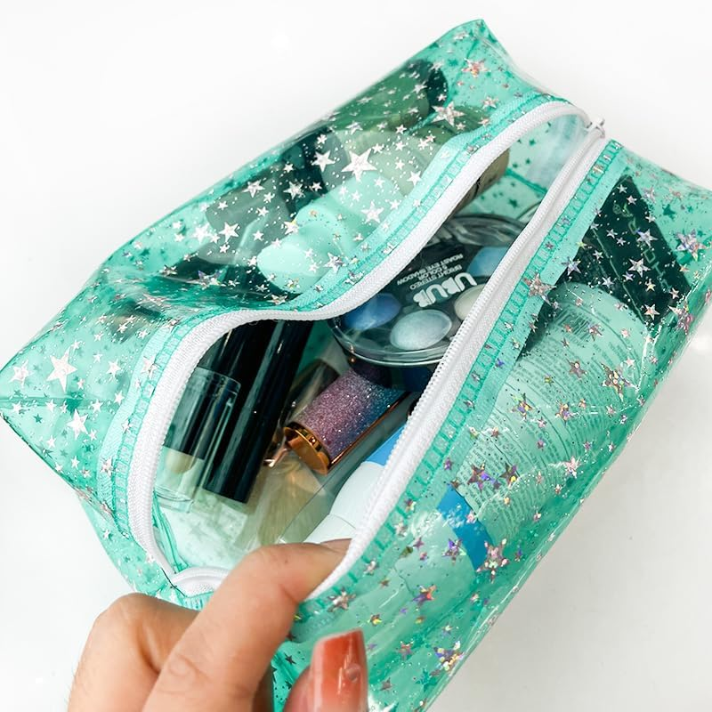Toteprint 2 X Transparent Cosmetic Bag, Glitter Star Pattern, 20 X 10 X 9 Cm, Turquoise Cosmetic Bag with Zip for Men and Women image number 2