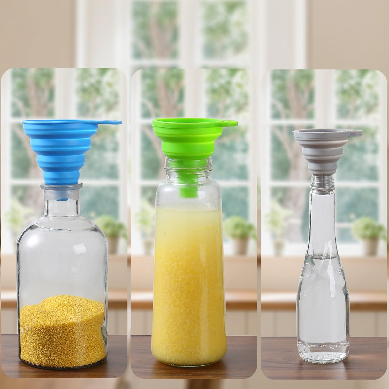 6 Pack Silicone Collapsible Funnels for Kitchen Use Filling Bottles, 3 Small and 3 Large Food Grade Kitchen Funnel Set for Filling Water, Oil, Spices, Powder &ndash; Silicone Funnels with Hook for Storage