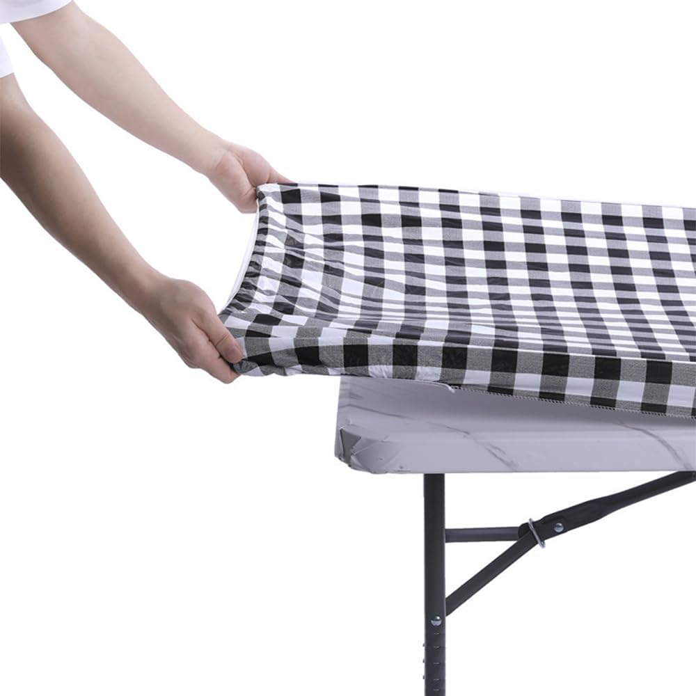 6Ft Picnic Table and Bench Cover,72In Waterproof Windproof Outdoor Elastic All around Tablecloth,Camping Essentials RV Gear,Black-White Checkered image number 3