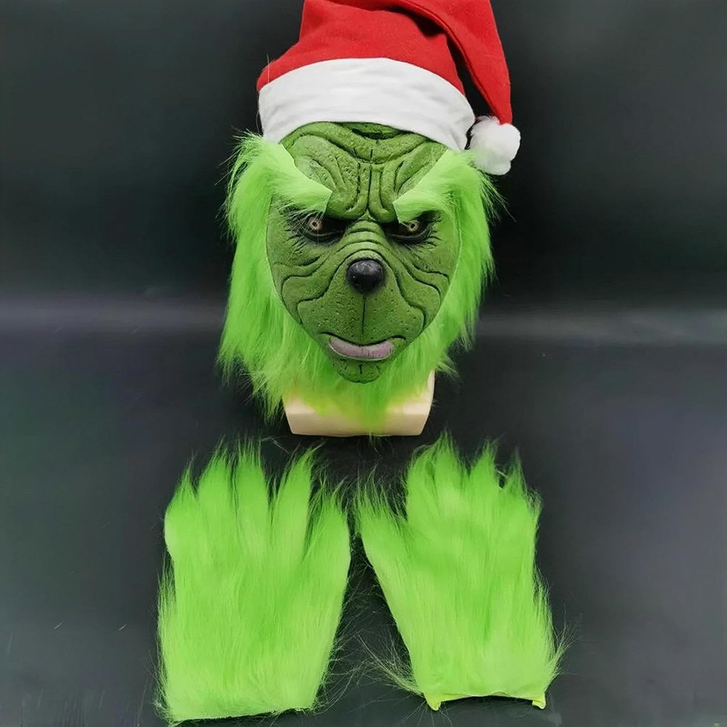 Christmas Grinch Mask, HFAN Grinch Decorations, Christmas Mask and Gloves with Red Hat Anime Cosplay, Grinch Costume for Halloween Xmas Funny Carnival Party Full Face Latex Helmet Costume Props image number 6