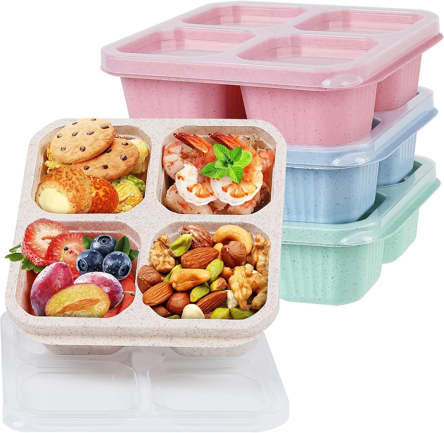 4-Compartment Bento Lunch Containers,Wheat Straw Meal Prep Lunch Box ，Plastic Food Storage Container， Set of 4, Multi-Colour image number 5