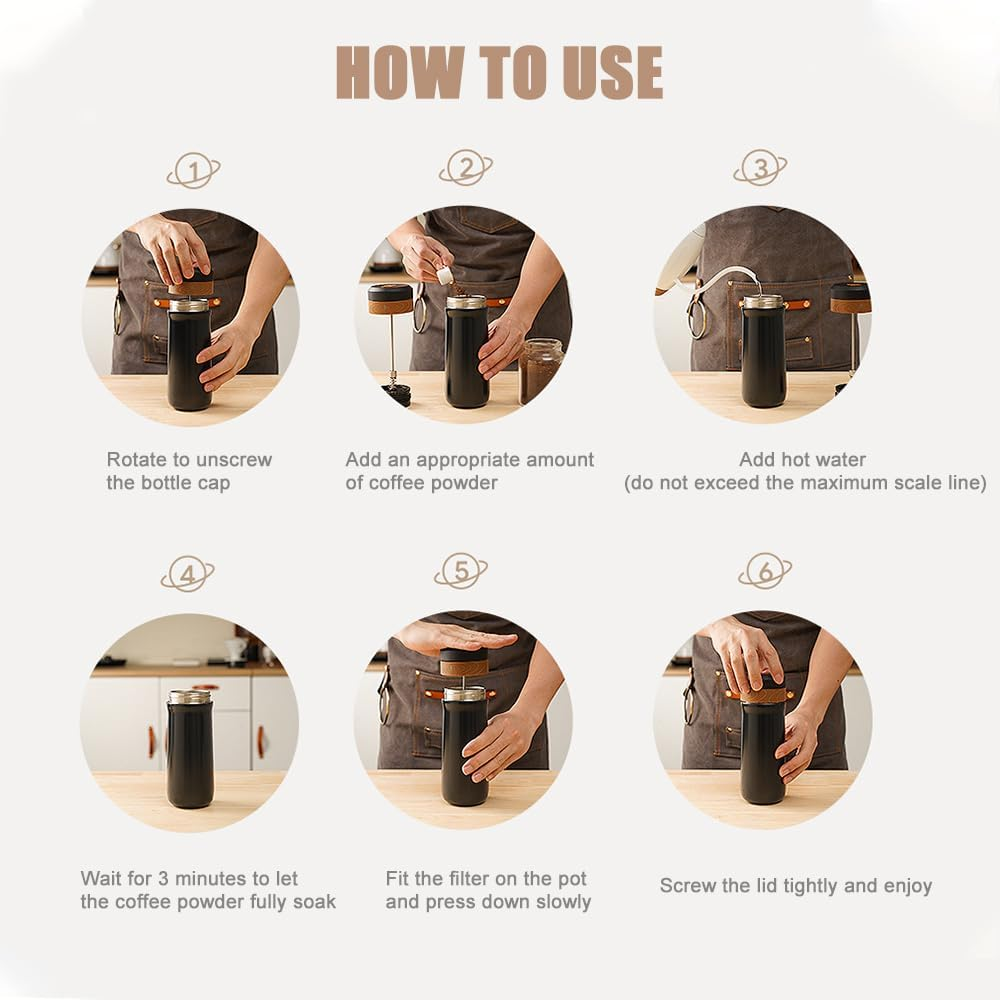 Domary French Press Coffee Maker for Travel 2-Layer Filter Mesh Double Walled Stainless Steel Vacuum Insulated Coffee Maker Cup for Coffee Tea Portable French Press Mug for Travel Office image number 4