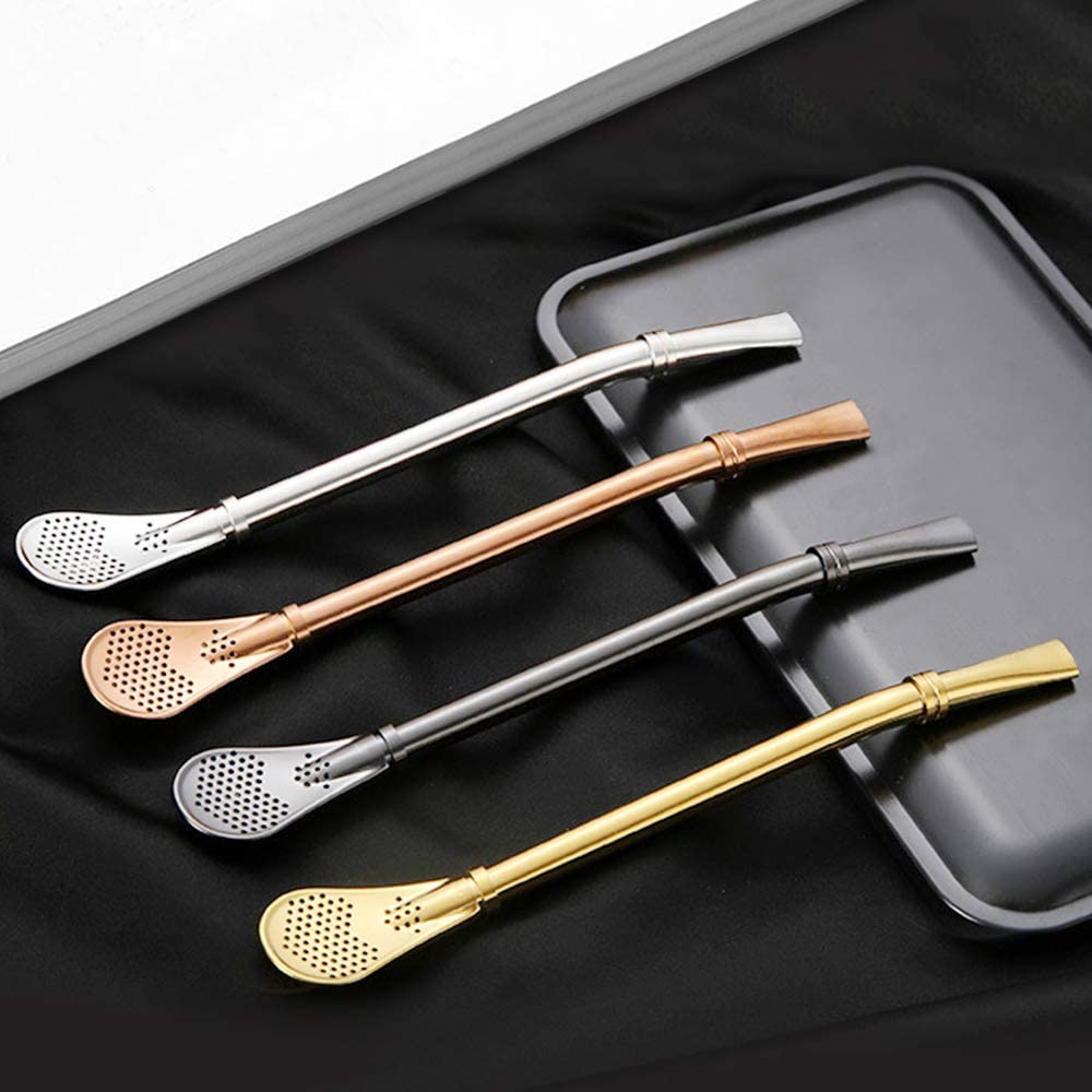 4 Pcs Premium Spoons Bombillas Yerba Mate Straw, SENHAI Drinking Stirring Spoon Head Filter Straws with 2 Cleaning Brushes- 6.1", 4 Colors image number 4