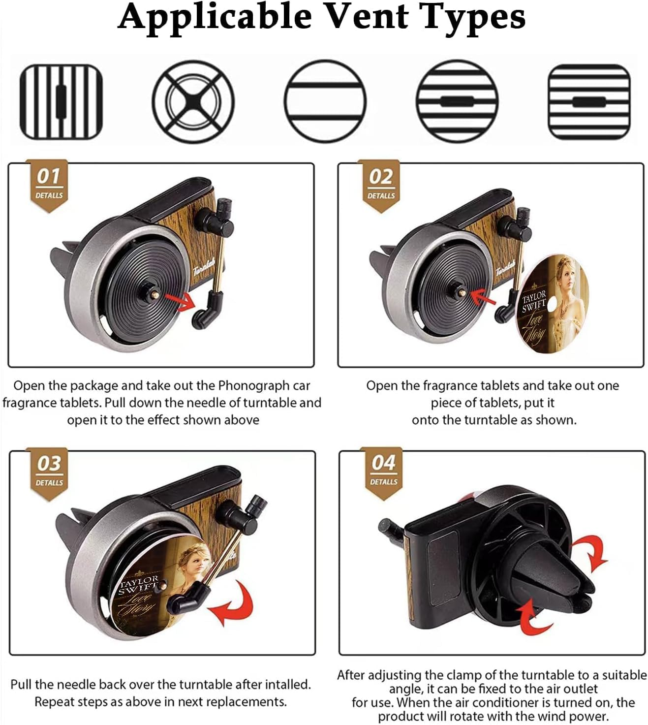 Car Air Freshener, Record Player Air Freshener, Car Record Player Ventilation Clip, Album Cover Record Player Clip, with 2 Players and 12Pcs Aromatherapy Tablets, Music Gifts for Singer Fans