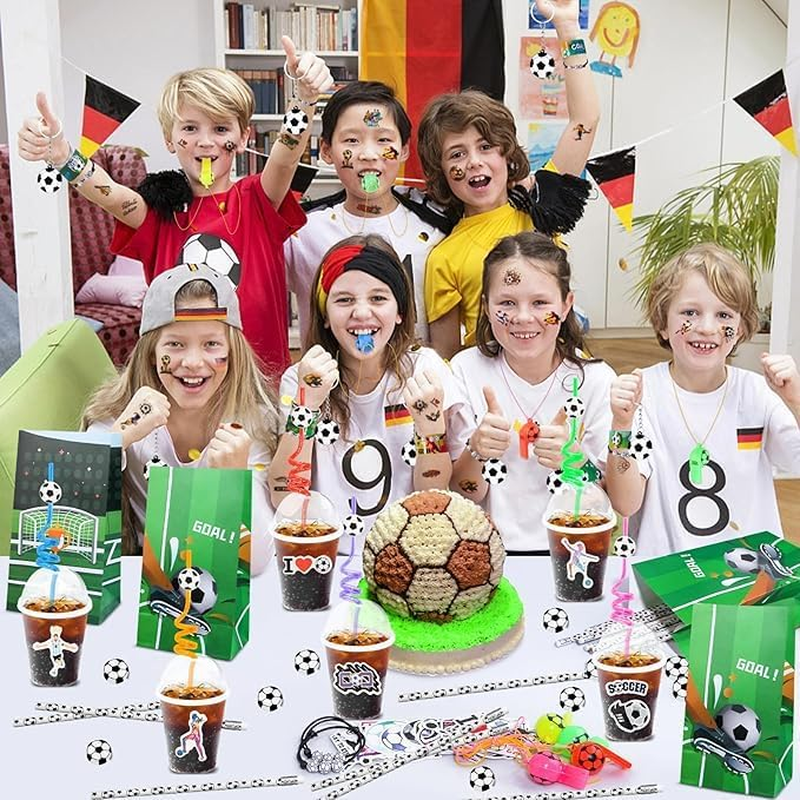 110Pcs Soccer Party Favors Bags Soccer Goodie Bag with Mini Ball, Wristband, Slap Bracelets, Keychains, Stickers for Soccer Party Supplies image number 1